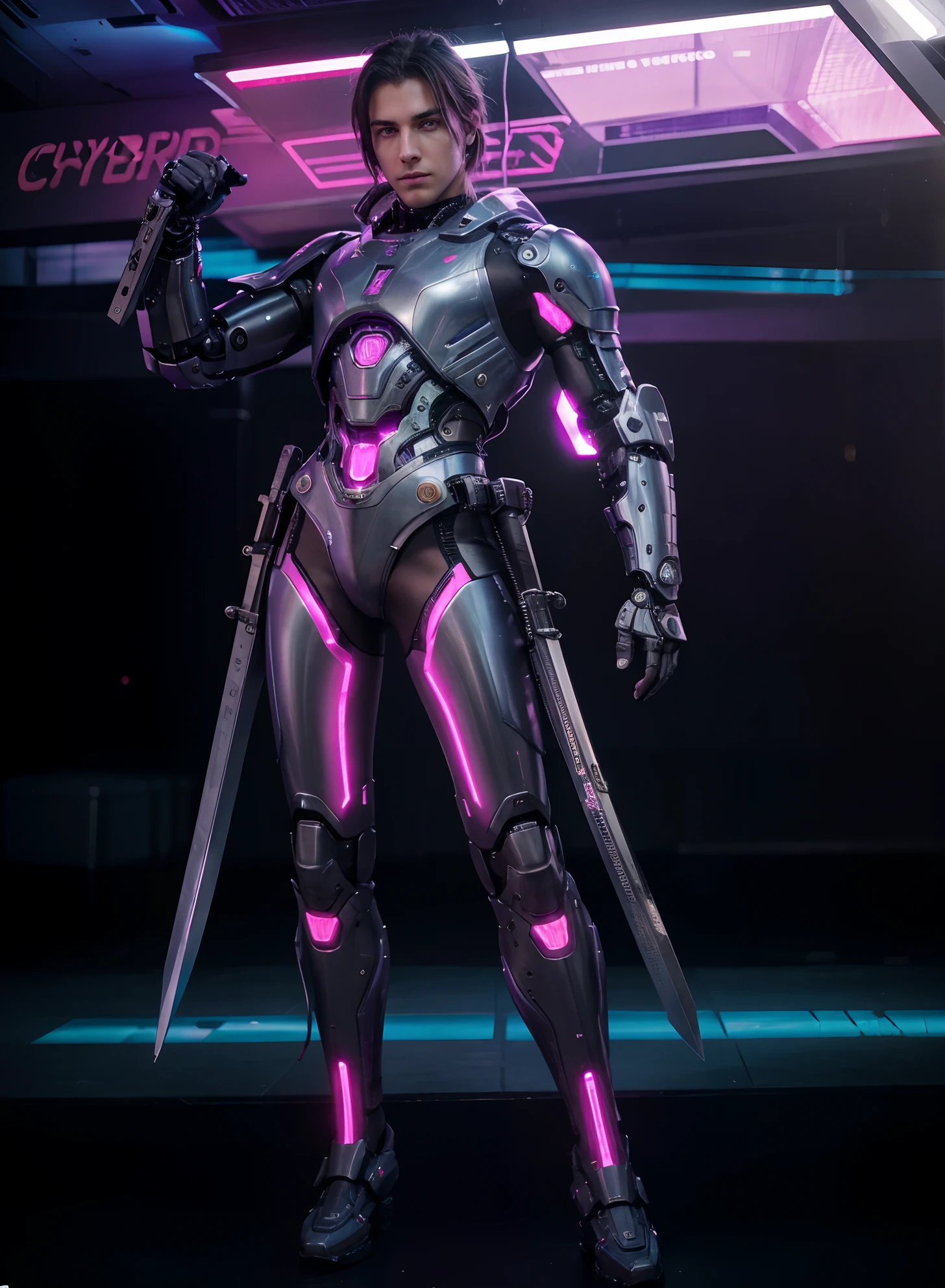 Amazing guy, handsome guy, wearing futuristic suit, purple light eyes, sharp gaze, cyberpunk, holding big sword, purple LED light on suit, cyberpunk theme, cybernetic,Futuristic, Titanium, young guy, Amazing, best quality, masterpiece, realistic, 8k resolution
