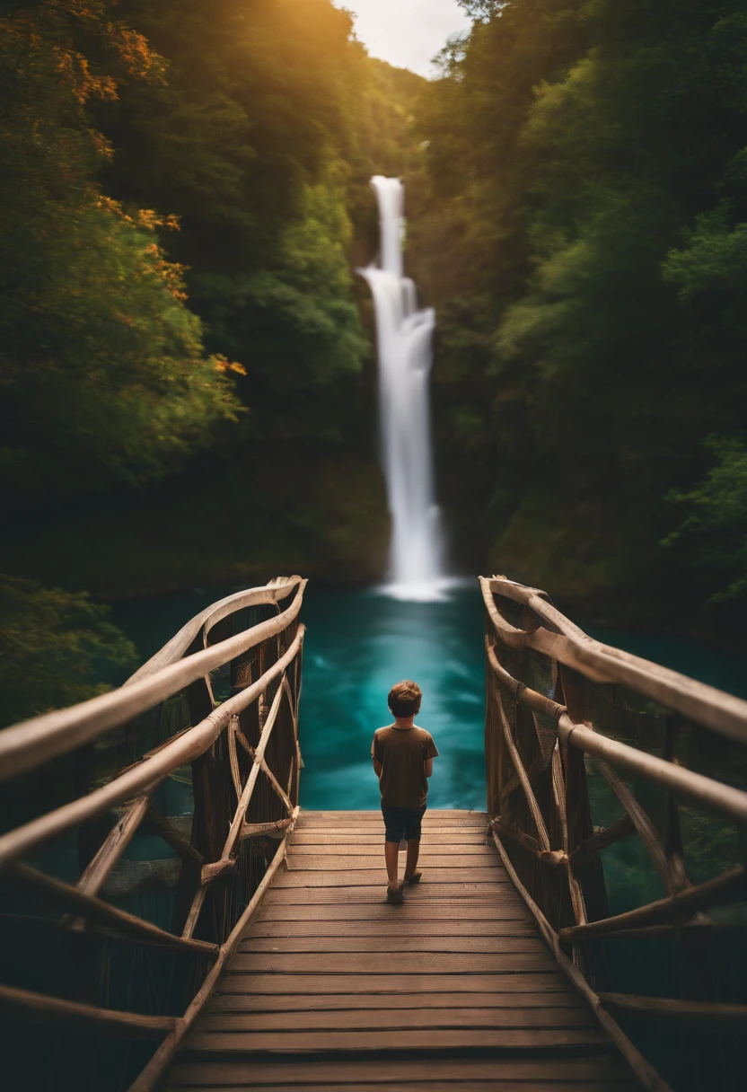Thirteen-year-old boy, brunet, Cyan eyes, pale skin, On the bridge of the river