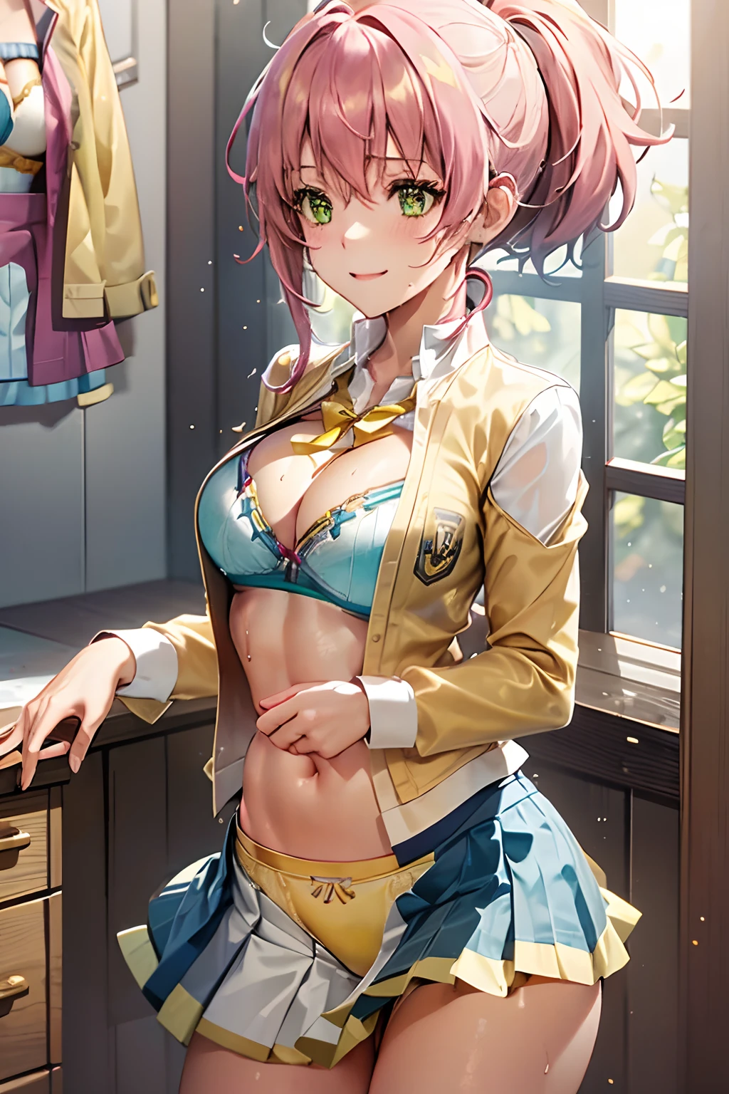 Juna Crawford, poneyTail, Green eyes, Big breasts,A pink-haired, ((((Wet yellow underwear shows through)))), (((((White shirt))))), ((((a blue skirt)))), knee boots, ((((Yellow Bra)))), ((Yellow panties)), A smile, embarrassed from, Adults, dress room, Take off your jacket completely, tucking up the skirt, Sheer panties