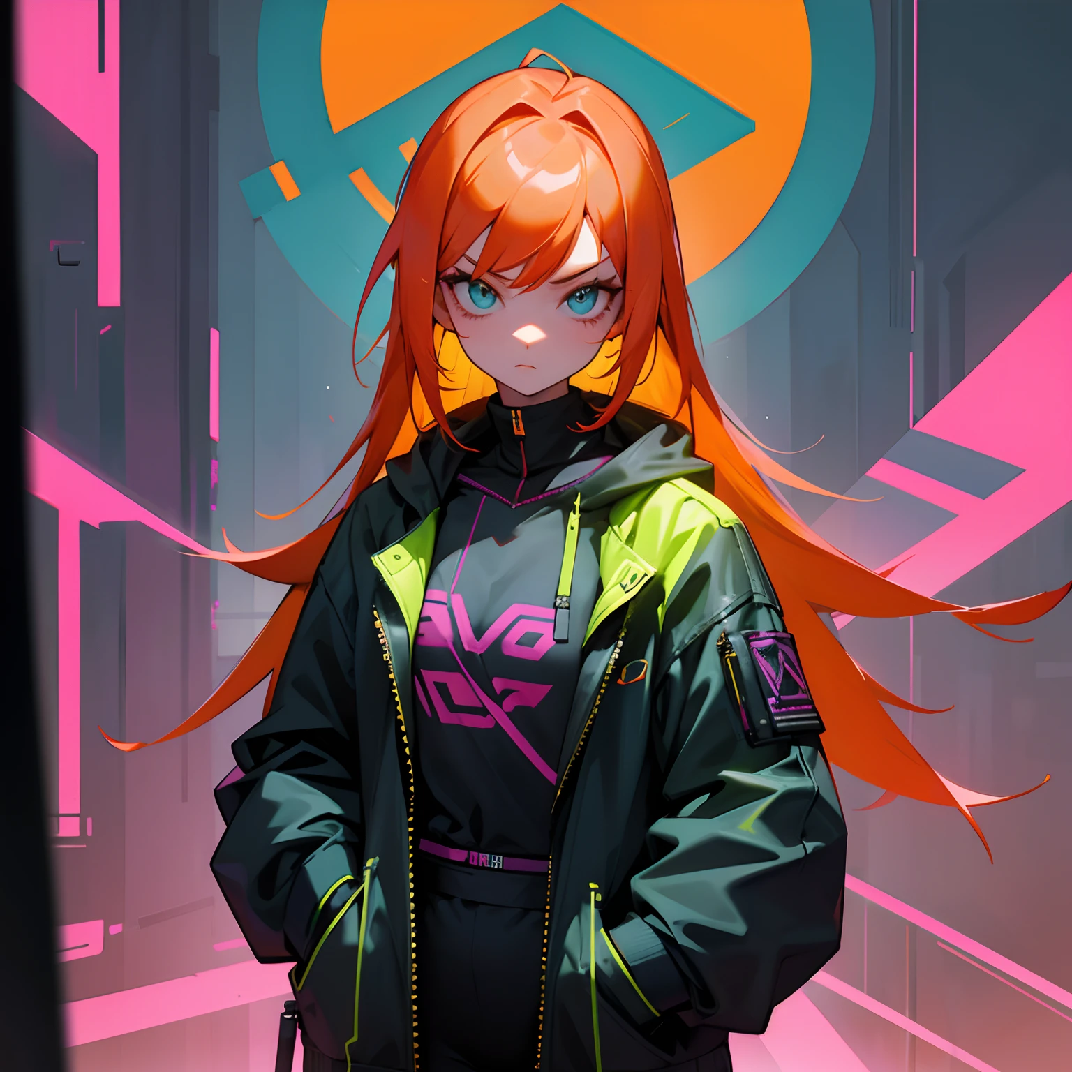 Cyberpunk, luzes neon green,1girl,corpo inteiro, hands in a pocket, orange hair,sardas, Blue iris,beco de rua, olhando para o telespectador, expression serious, roupas ciberpunk, adulto,30 anos,