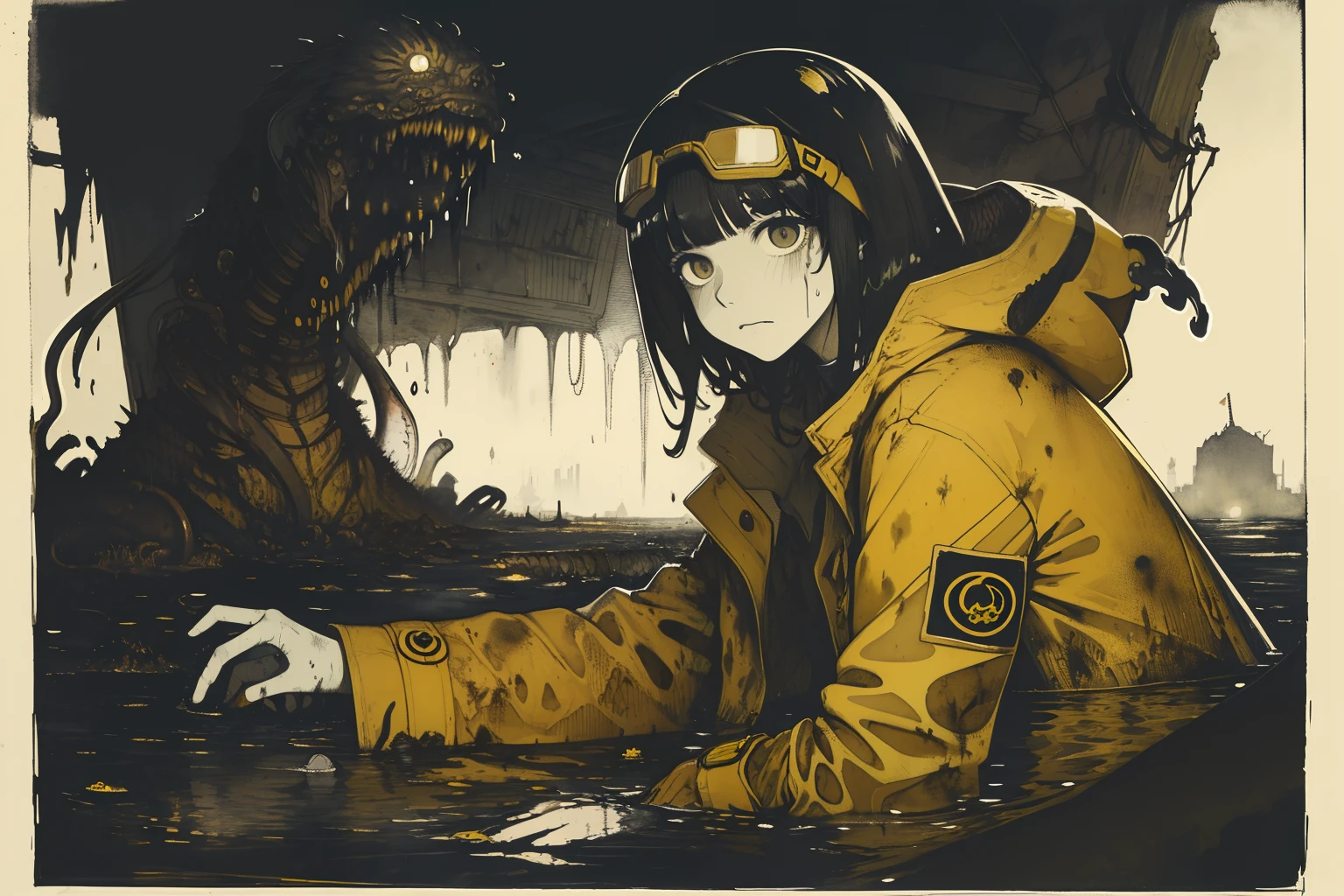 masterpiece, best quality, 1girl, (closeup),(yelow coat, goggles), (serious, dirty face, dirty clothes), in a flooded subway, (facing a monster worm:1.1), ruins, dim light, desolate, dark, watercolor, sketch