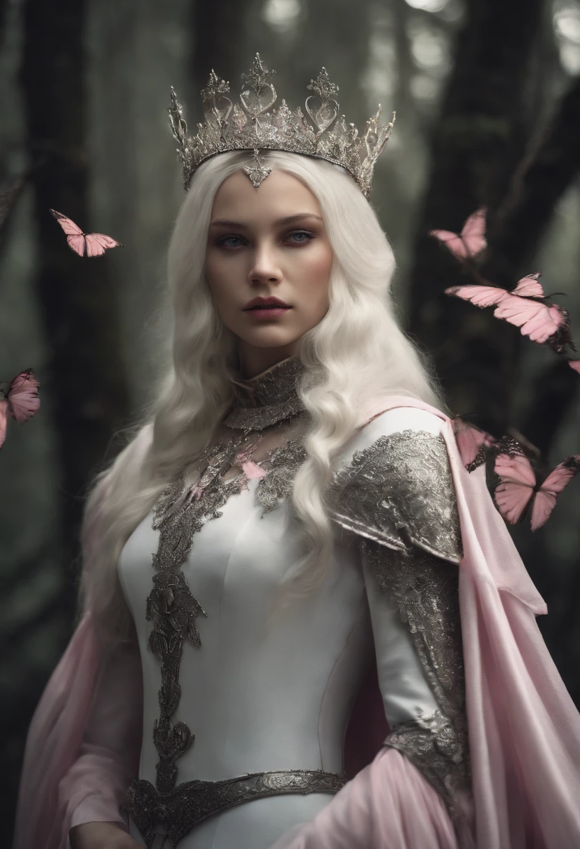 A knight girl with pale skin with crystallized patches, long white hair with pink tips, entirely black eyes. She is lost in a forest with only loose bandages on her body and some broken monarch wings on her back.