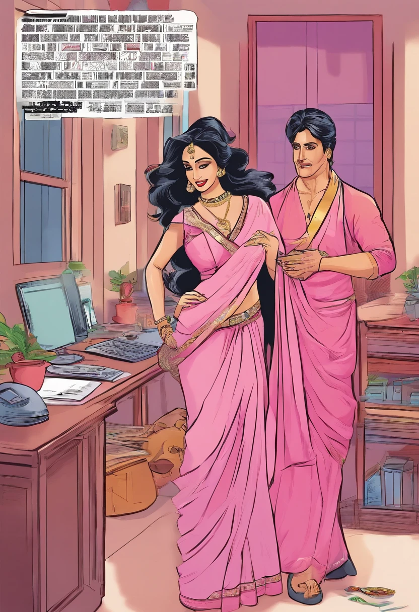 (comic illustration:1.3), Renowned Indian actress sridevi kapoor at the age of 40 wearing a provocative pink saree smooching with a man in black suit at his office cabin,(full body image),(navel visible),(cleavage)