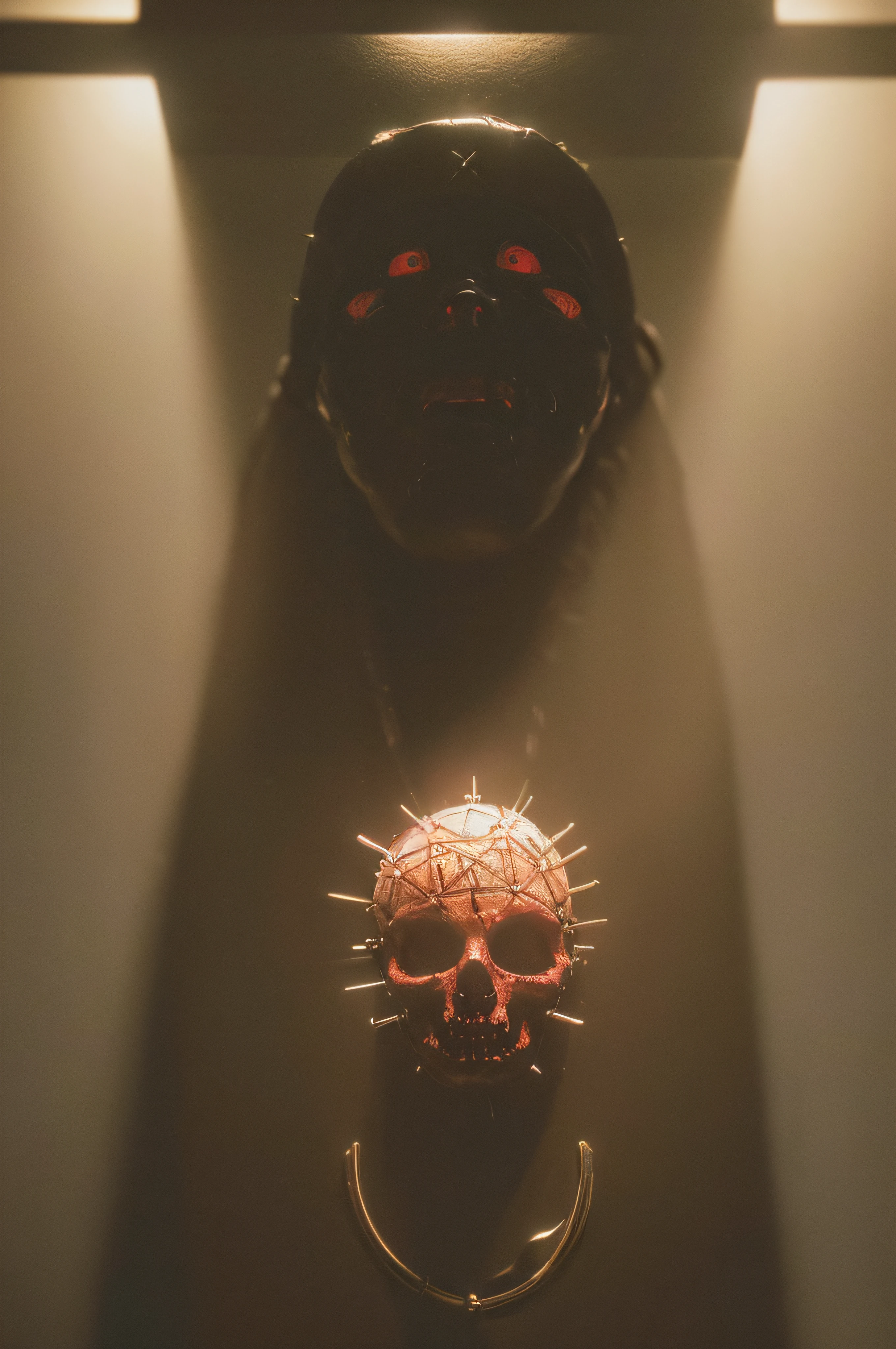 "(The best lighting, oscuro, dramatic),(feto calavera alien, Hellraiser, Cicatrices, , sexy, cerebro, sangre, una rata dentro de la cabeza, terror.),(ojos rojos, calaveras). morning light.