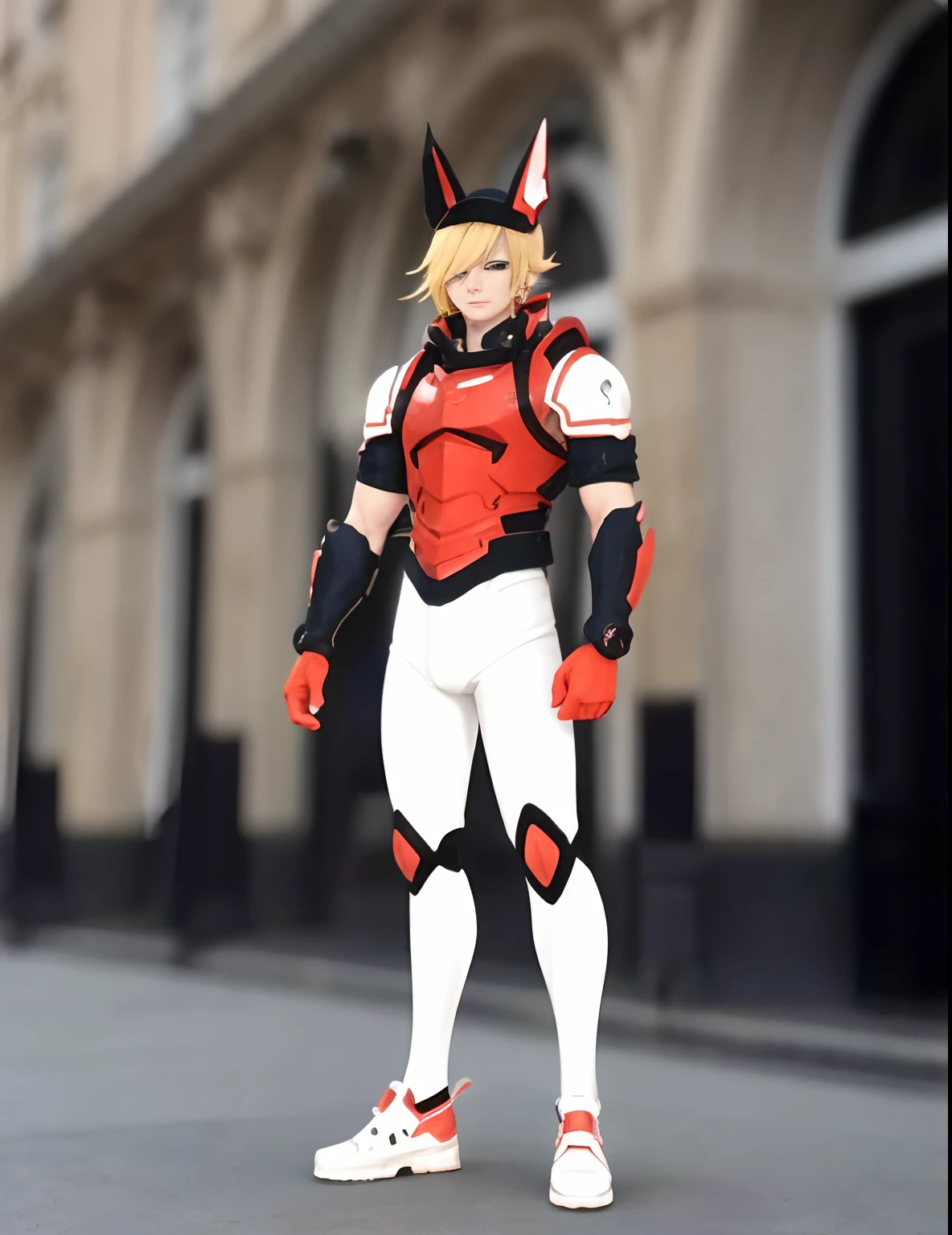 Close-up of a man in a suit, Standing on the street, Armor dress, Inspired by Kitsune, full body zenkai! asuka suit, Boku No Hero Academia Style, As an Overwatch character, Varia Costume, The character of the whole body, anime style character, Energetic Varia costume, Anime character, anime styled 3d, as overwatch character, Anime character; full body art