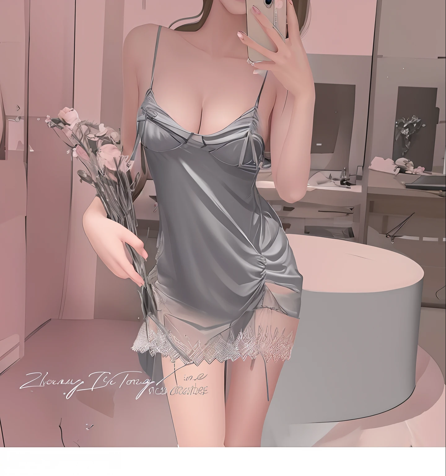 arafed image of a woman in lingerie and a phone, open v chest clothes, nightgown,  in dress, soft anime illustration, fullbody commission for, transparent gray dress, in clothes! highly detailed, seductive lingerie camisole, seductive camisole, realistic clothing, [ digital art ]!!, lingeries beauty, dress and cloth, lingerie, ((2d, flat color)), hold a phone