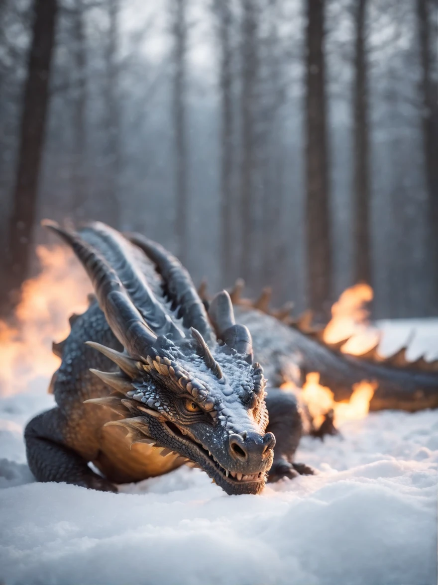 The dragon sleeps in the snow,It's evening all around