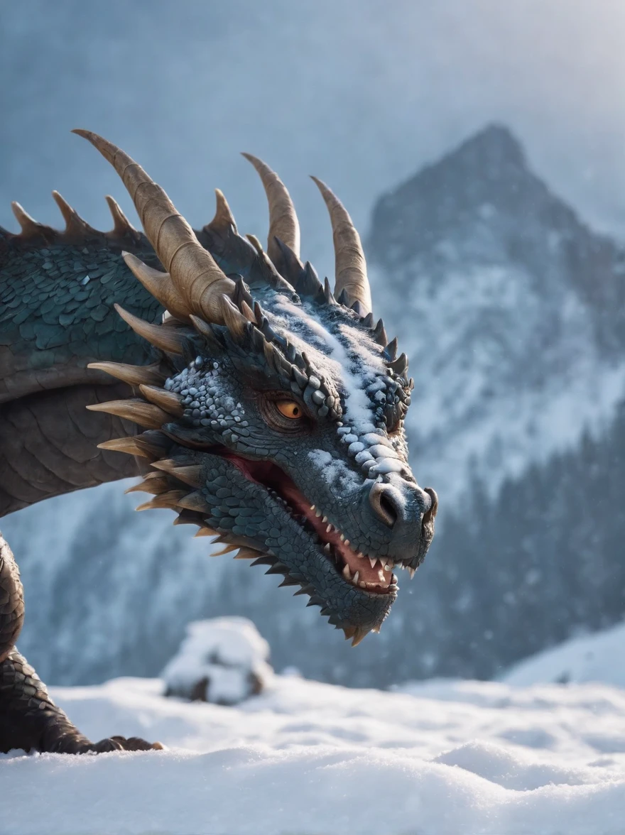 The dragon sleeps in the snow,It's evening all around