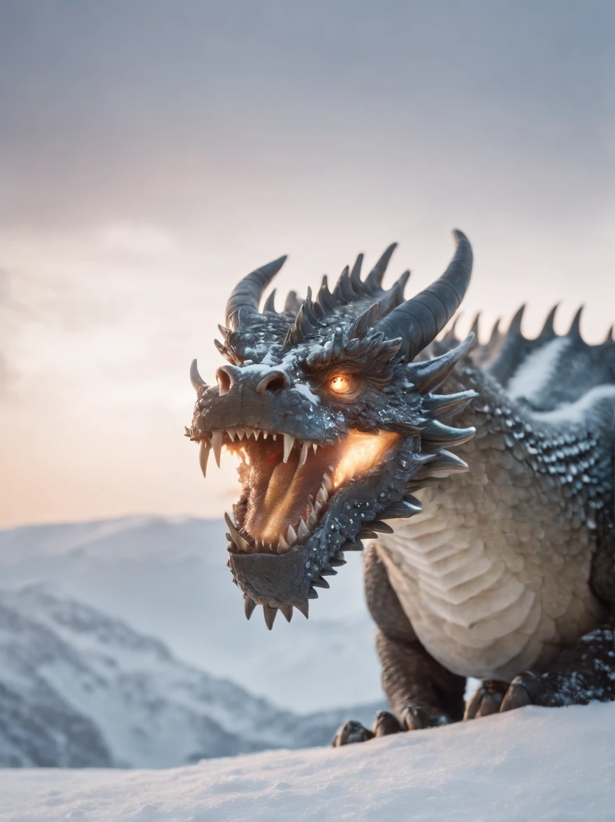 The dragon sleeps in the snow,It's evening all around