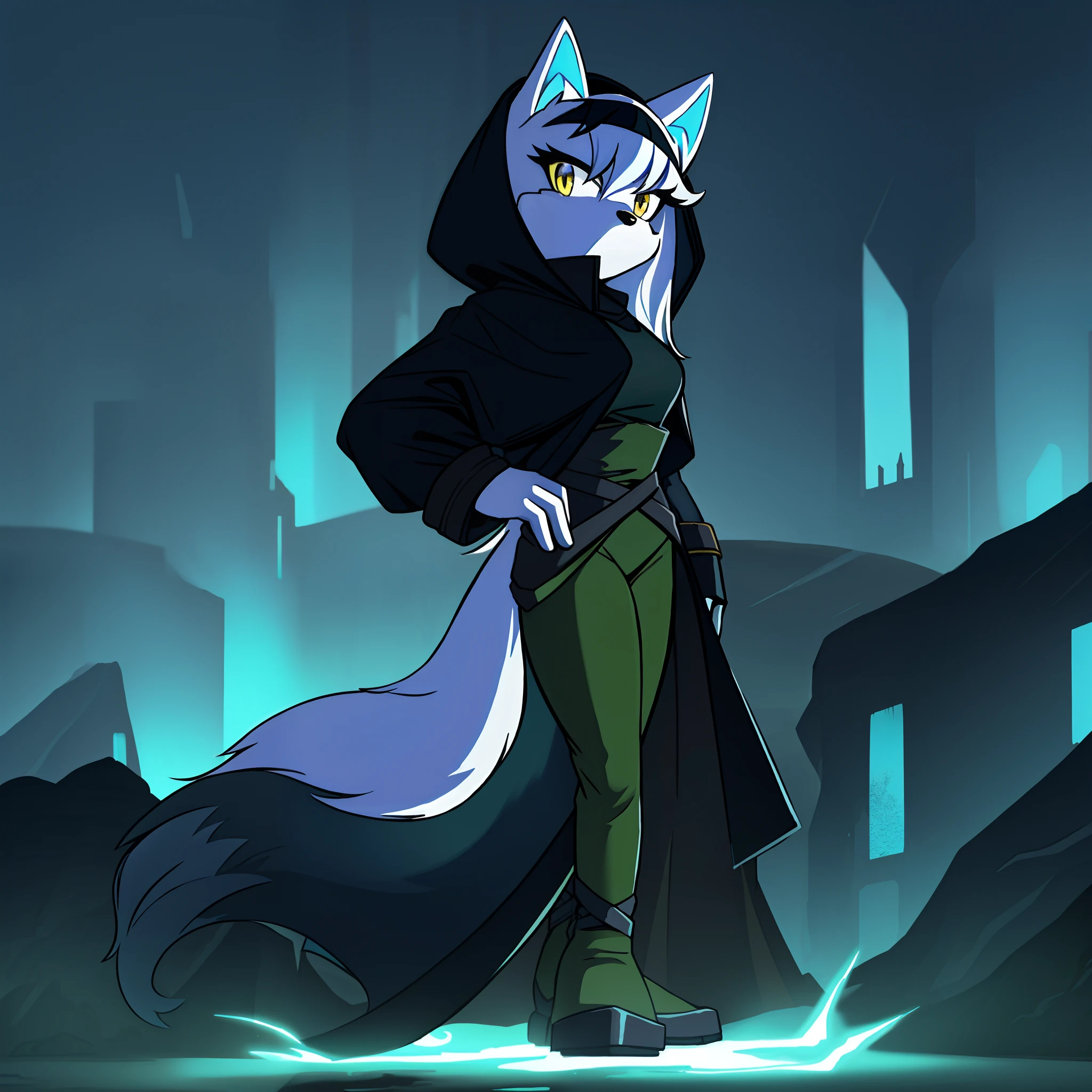 Female, mobian, wolf, 1girl, solo, looking at viewer, serious, black and green Jedi like attire, black hooded cape, futuristic city background, holding green lightsaber, red fur, tan skin, long hair, yellow irises, black leggings, wolf tail, spiked up hair bangs, one hand on hip