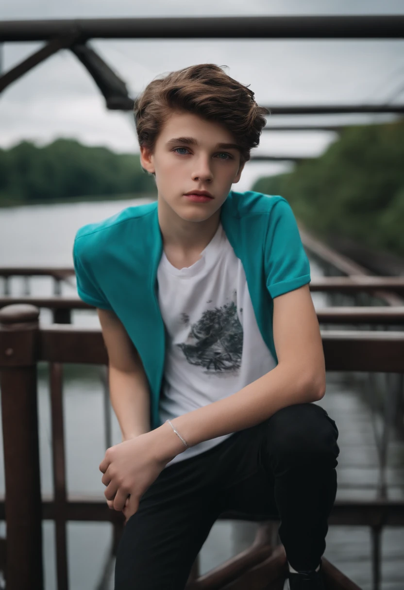 Fourteen-year-old boy, brunet, Cyan eyes, pale skin, On the bridge over the river, Black jacket, White printed T-shirt