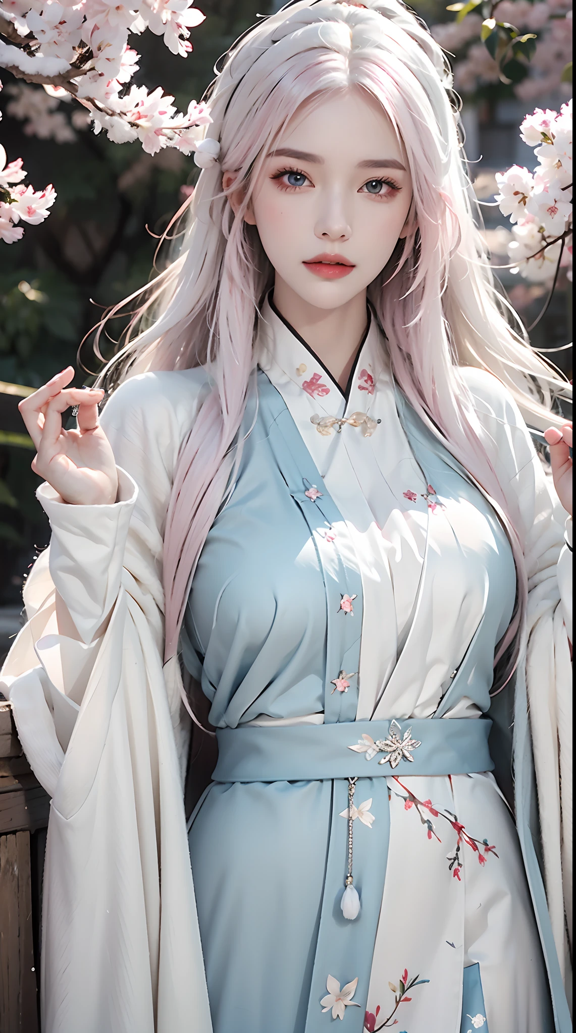 photorealistic, high resolution, 1women, shining skin, solo, hips up, tattoo, jewelry, pink lips, long white hair, blue eyes, closed mouth, winter hanfu, snow, cherry blossoms