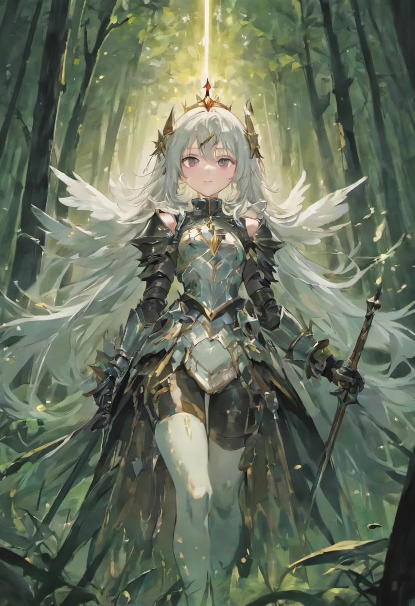 A knight girl with pale skin with crystallized patches, long white hair with pink tips, entirely black eyes. She is lost in a forest with only loose bandages covering very little of her body her body and some broken monarch wings on her back.