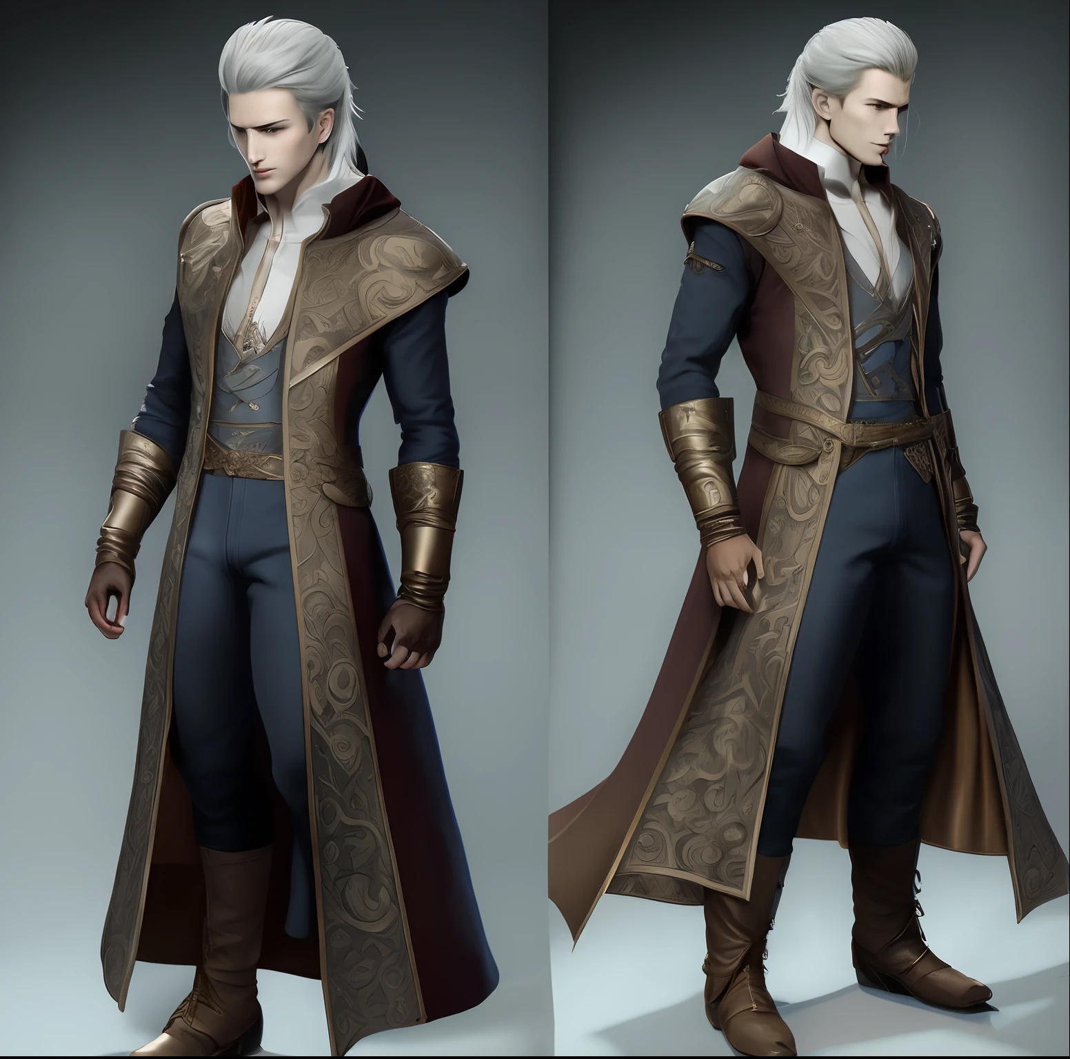 n terms of physical appearance, Vergil has fair, yet pale skin, and white, swept back hair, which puts emphasis on the fierce, yet stoic expression on his face; however, when his hair is brushed down or becomes wet, his appearance is physically indistinguishable from his younger twin brother, Dante. Just like his brother, he also has the same, blue eyes.
In terms of apparel, Vergil commonly wears a long, silver buttoned blue coat with three separated coattails. A white, serpentine pattern runs around the collar, with a snakes head hanging over the coat's left shoulder, and its tail slinking down the right, all the way to the bottom of the coat. A gold lining runs across the edges of the coat, and a silky, golden flower blossom pattern decorates the inner lining. Each cuff of the coat also possesses five, gold buttoned straps with gold lining; in Devil May Cry 4: Special Edition, the coat also features identical straps on each shoulder, decorated with silver buttons instead of gold. Before facing the demons, Vergil wore a long brown hooded cloak where he conceals his main outfit.
Underneath the coat, Vergil wears a navy blue ascot wrapped around his neck, which hangs over a black, sleeveless vest that reveals his well-toned arms and shoulders. He wears tan, fingerless gloves, a brown, snakeskin belt with a silver buckle, dark green pants with a scale pattern running across its surface, and tall, brown boots with two golden buckled straps at the top.