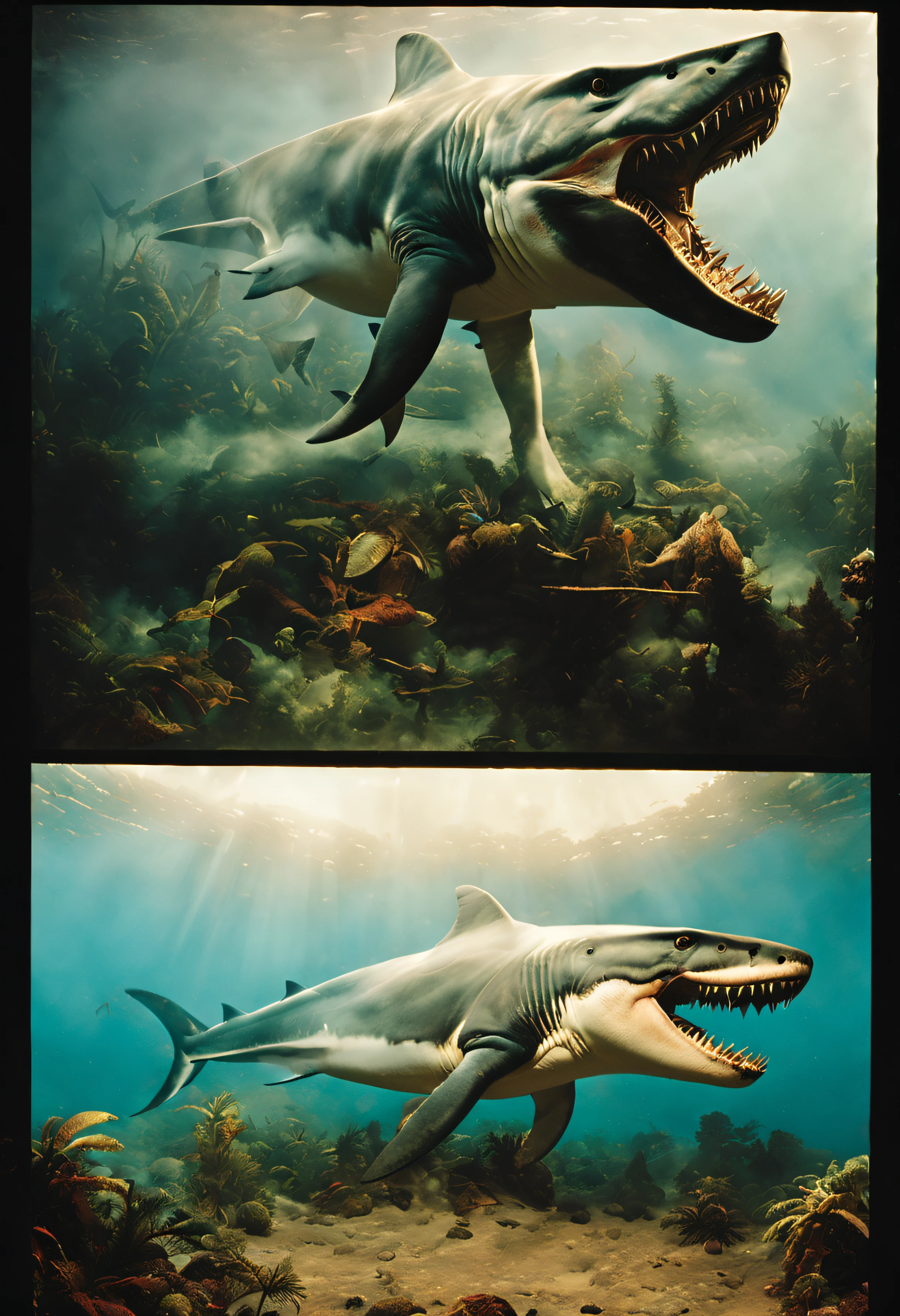 (extremadamente detallado, obra maestra, La mejor calidad, foto antigua, principios de siglo, VHS Aesthetics).(big mutant: head of a white shark and body of a T-Rex.)(jungla espesa), luz amanecer.