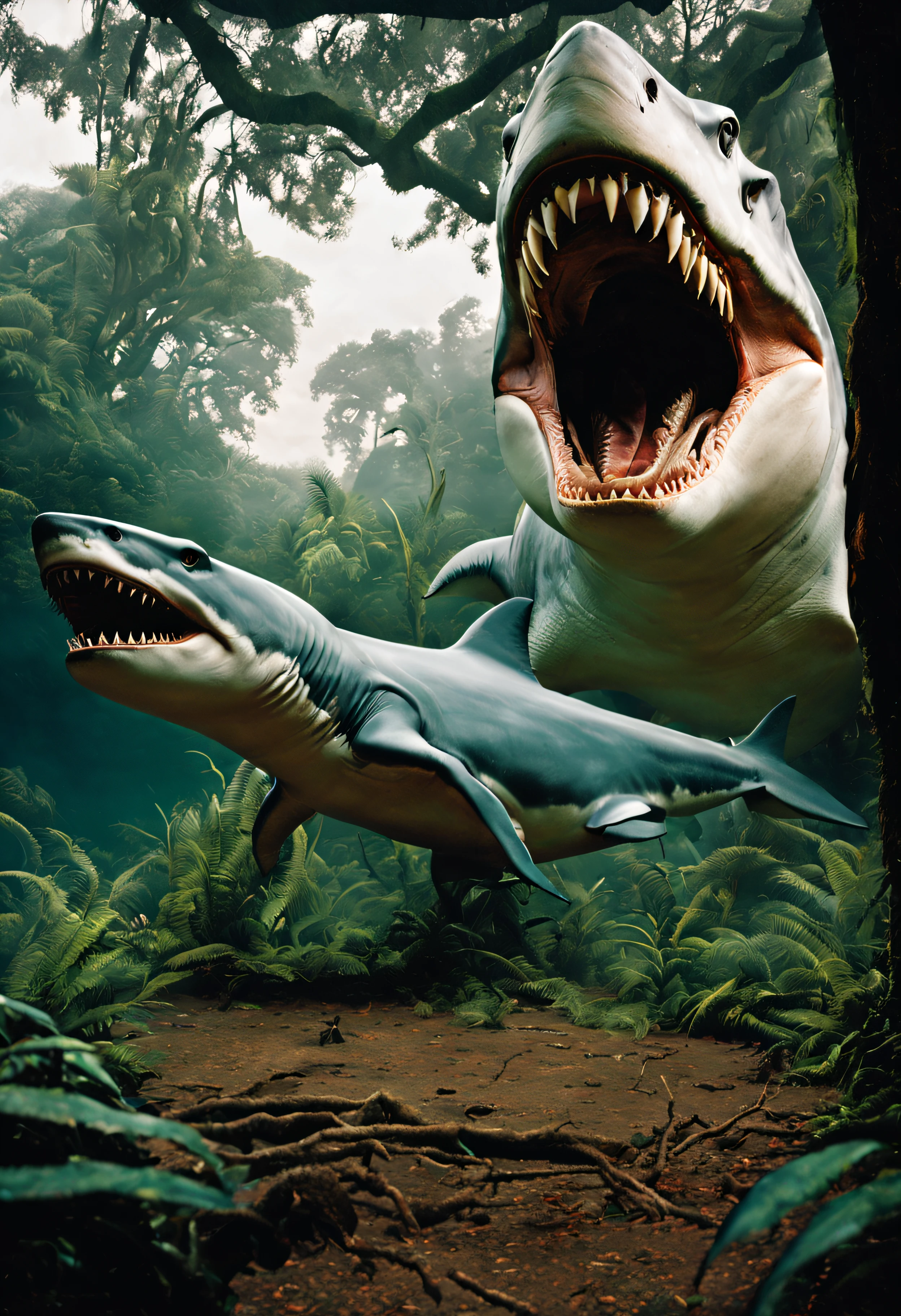 (extremadamente detallado, obra maestra, La mejor calidad, foto antigua, principios de siglo, VHS Aesthetics).(big mutant: head of a white shark and body of a T-Rex.)(jungla espesa), luz amanecer.