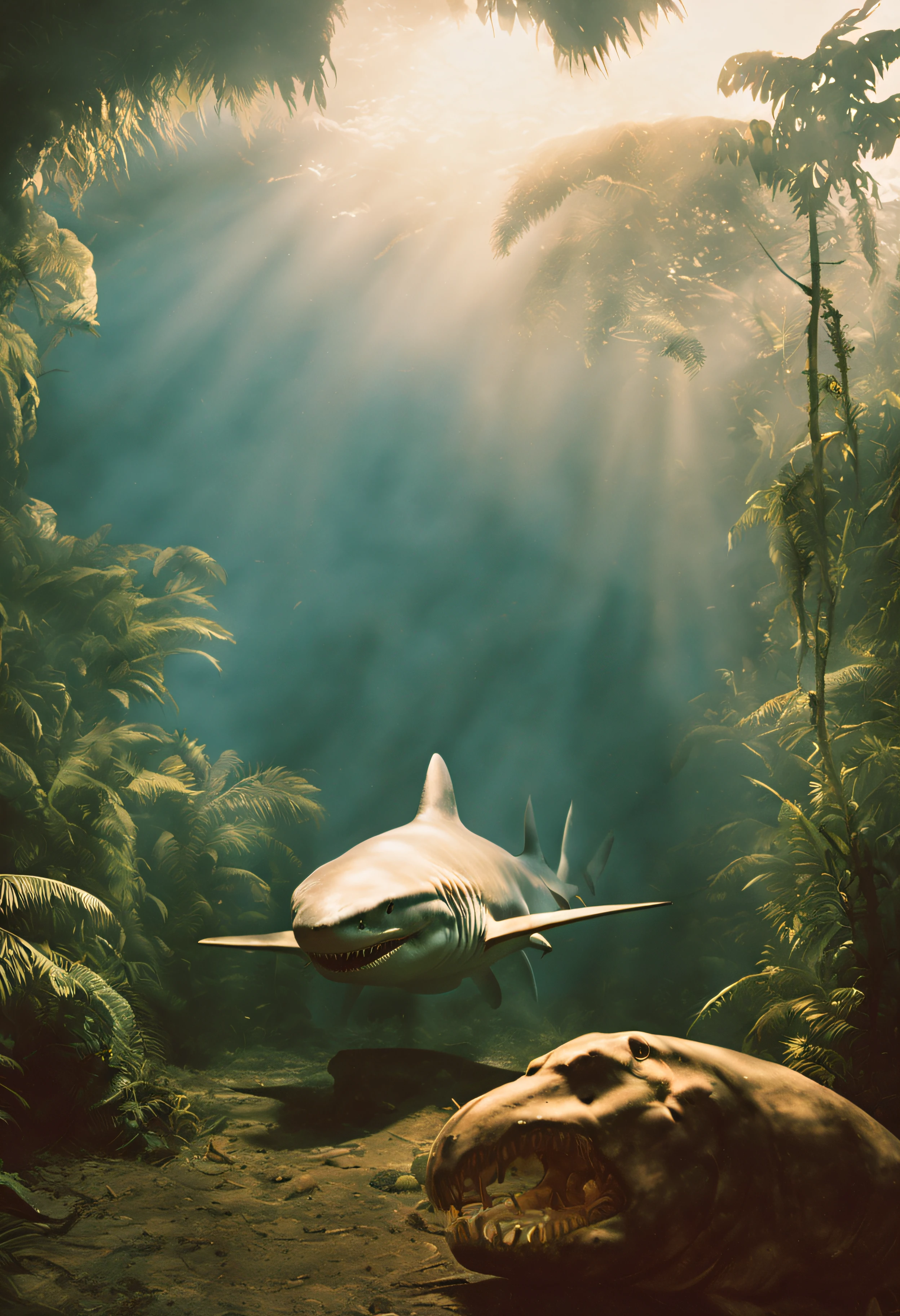 (extremadamente detallado, obra maestra, La mejor calidad, foto antigua, principios de siglo, VHS Aesthetics).(big mutant: head of a white shark and body of a T-Rex.)(jungla espesa), luz amanecer.