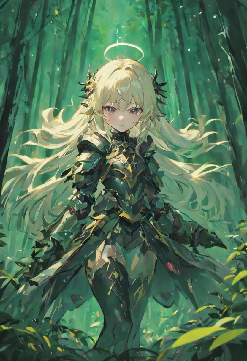 A knight girl with pale skin with crystallized patches, long white hair with pink tips, entirely black eyes. She is lost in a forest with only loose bandages covering very little of her body her body on her back and is passed out on the ground