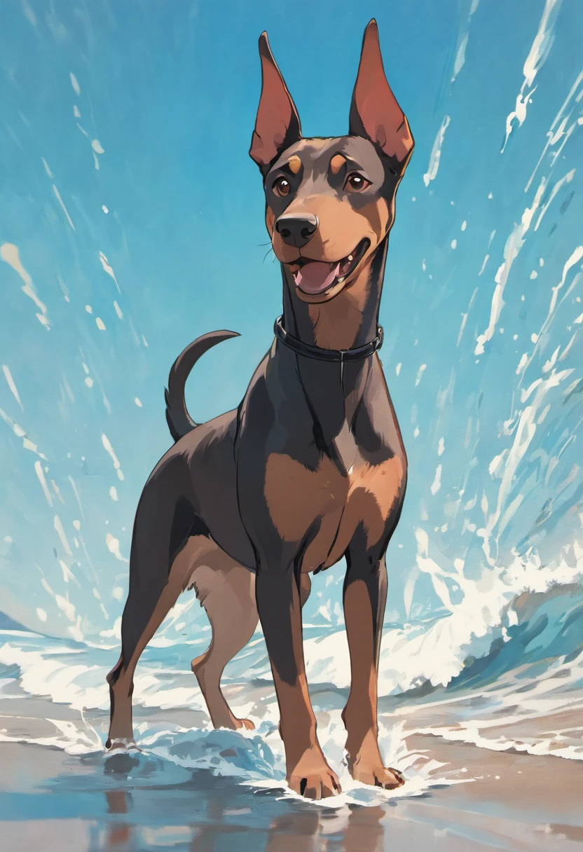 Doberman dog standing on 4 legs in water near the seashore. Splashing waves, Reflections of the water, rays of sunshine, beautiful clouds