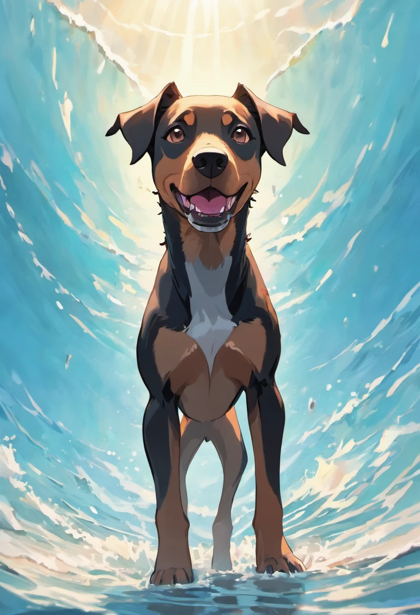 Doberman dog standing on 4 legs in water near the seashore. Splashing waves, Reflections of the water, rays of sunshine, beautiful clouds