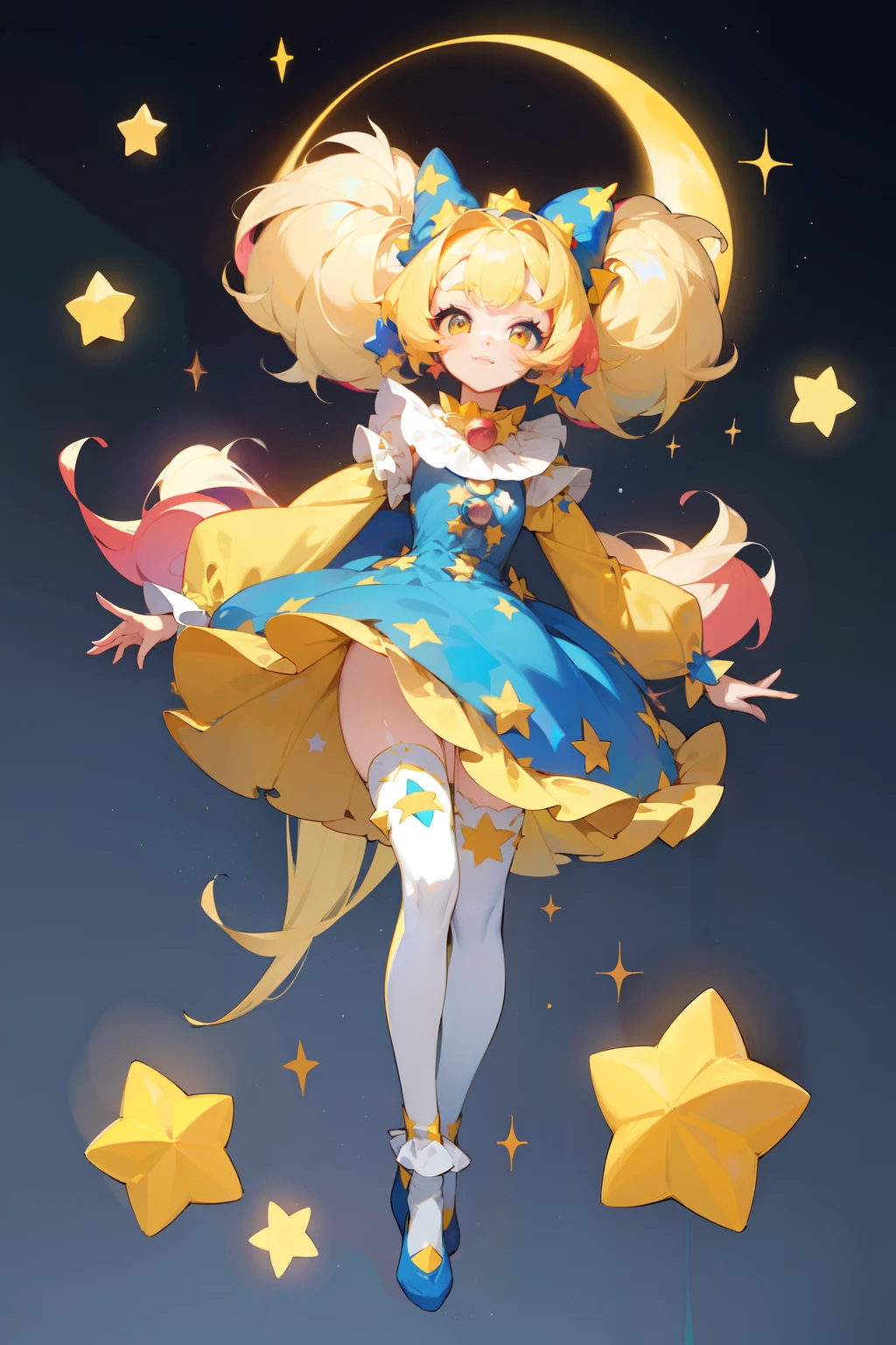 1GIRL, FULLBODY, CLOWN OUTFIT, CIRCUS ATTIRE, STARS, MULTICOLOR, FLUFFY HAIR, MAKEUP Character design sheet of a astronomical clown girl, finely detailed, (best quality), (intricate details), multicolored, ((long blonde hair)), best quality, ((short puffy long sleeve clown dress)), ((blue dress with yellow stars)), ((white ruff clown collar)), ((thigh high socks)), ((socks are white with yellow stars)), ((round eyes)), wears a big blue bow on head, beautiful face, cute face, full body, pinup, perfect face, twinkle background