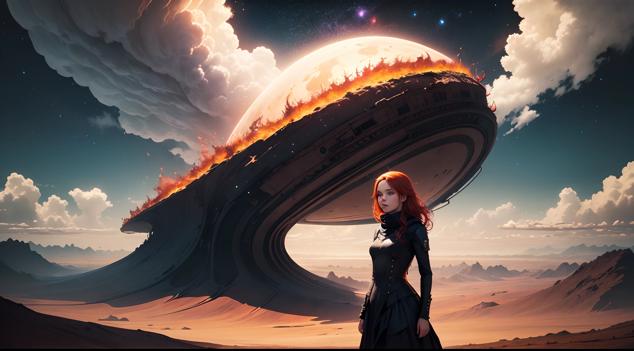 A girl with fiery red hair standing on a lush, alien planet, the sky above filled with swirling galaxies, her dress blending seamlessly with the vibrant landscape - a fusion of science fiction and surrealism.