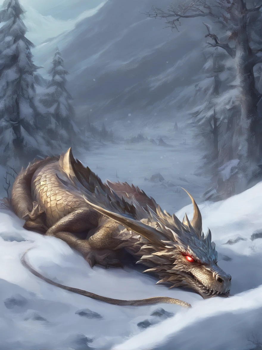The dragon sleeps in the forest, curled up in a kolachik,lying on its belly, The head lies on the snow