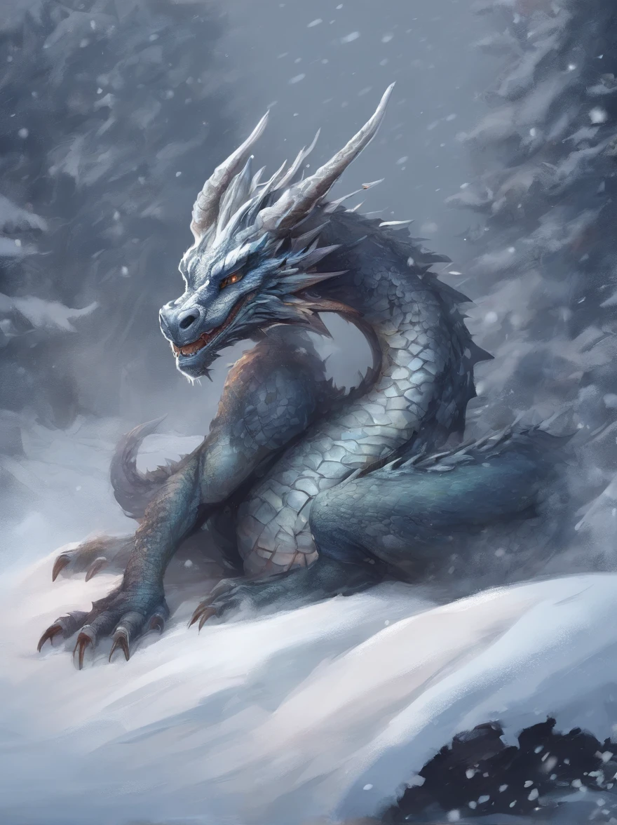 The dragon sleeps in the snow, curled up in a kolachik,lying on its belly