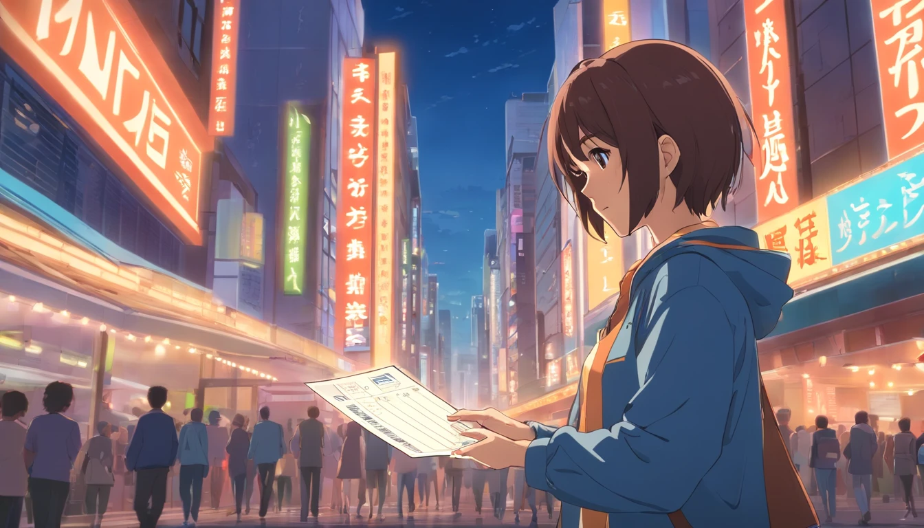 A person hand holding two presale tickets of foreign movies in an envelope,(realistic, highres, ultra-detailed, best quality:1.2) with vibrant colors, (photorealistic, professional) lighting and sharp focus. The envelope is made of high-quality paper with a matte finish, featuring intricate patterns. The background showcases a bustling cityscape with tall buildings and neon lights, giving a modern and dynamic atmosphere.