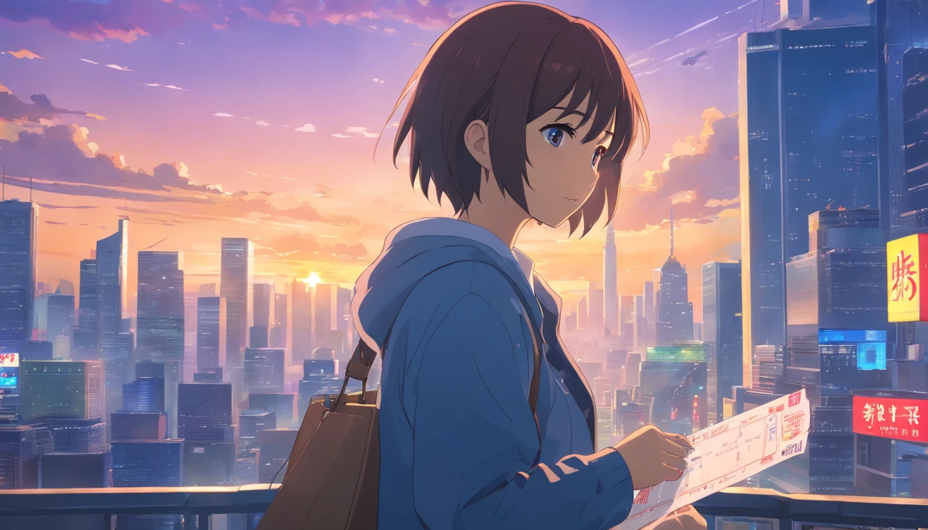 A person hand holding two presale tickets of foreign movies in an envelope,(realistic, highres, ultra-detailed, best quality:1.2) with vibrant colors, (photorealistic, professional) lighting and sharp focus. The envelope is made of high-quality paper with a matte finish, featuring intricate patterns. The background showcases a bustling cityscape with tall buildings and neon lights, giving a modern and dynamic atmosphere.
