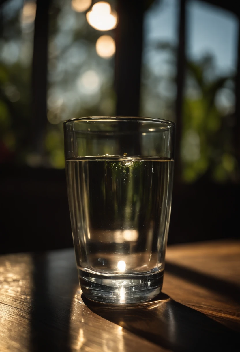 A crystal clear glass of water illuminated with a beam of light that causes refraction in this light, causing the light to disperse into a colored beam of light, the glass is on a dark wooden table, the environment is a room with curtains closed and a single spotlight directed to the glass, the atmosphere is one of mystery and discovery