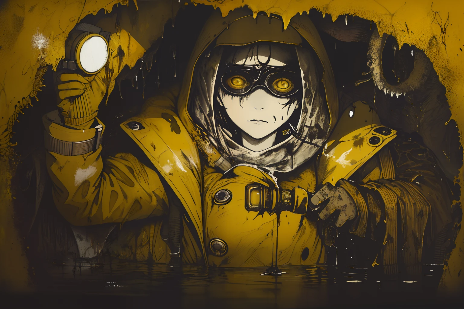 masterpiece, best quality, 1girl, (closeup),(yelow coat, goggles), (serious, dirty face, dirty clothes), in a flooded subway, (facing a monster worm: in a flashlight beam, 1.1), ruins, very dark, watercolor, sketch