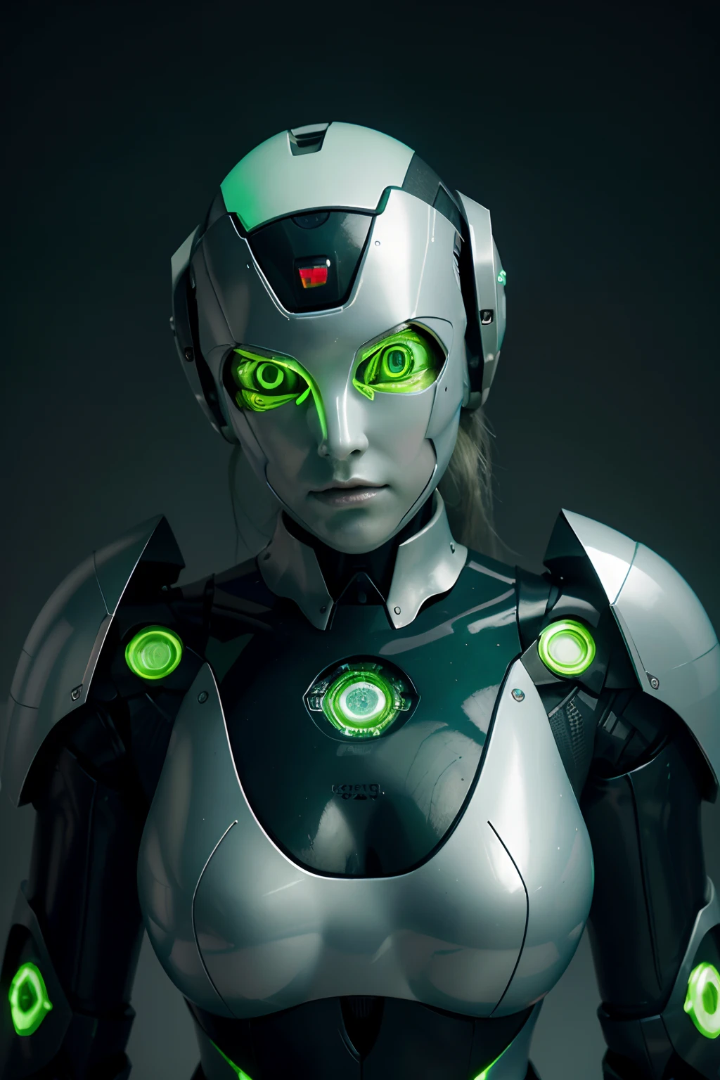 Por favor, Create an image of a futuristic robot with fluorescent green eyes. The robot should have a modern and sophisticated design, com olhos brilhantes que emitem uma luz verde intensa. The image should be sharp and high resolution, Highlighting the details of the robot and its green eyes.