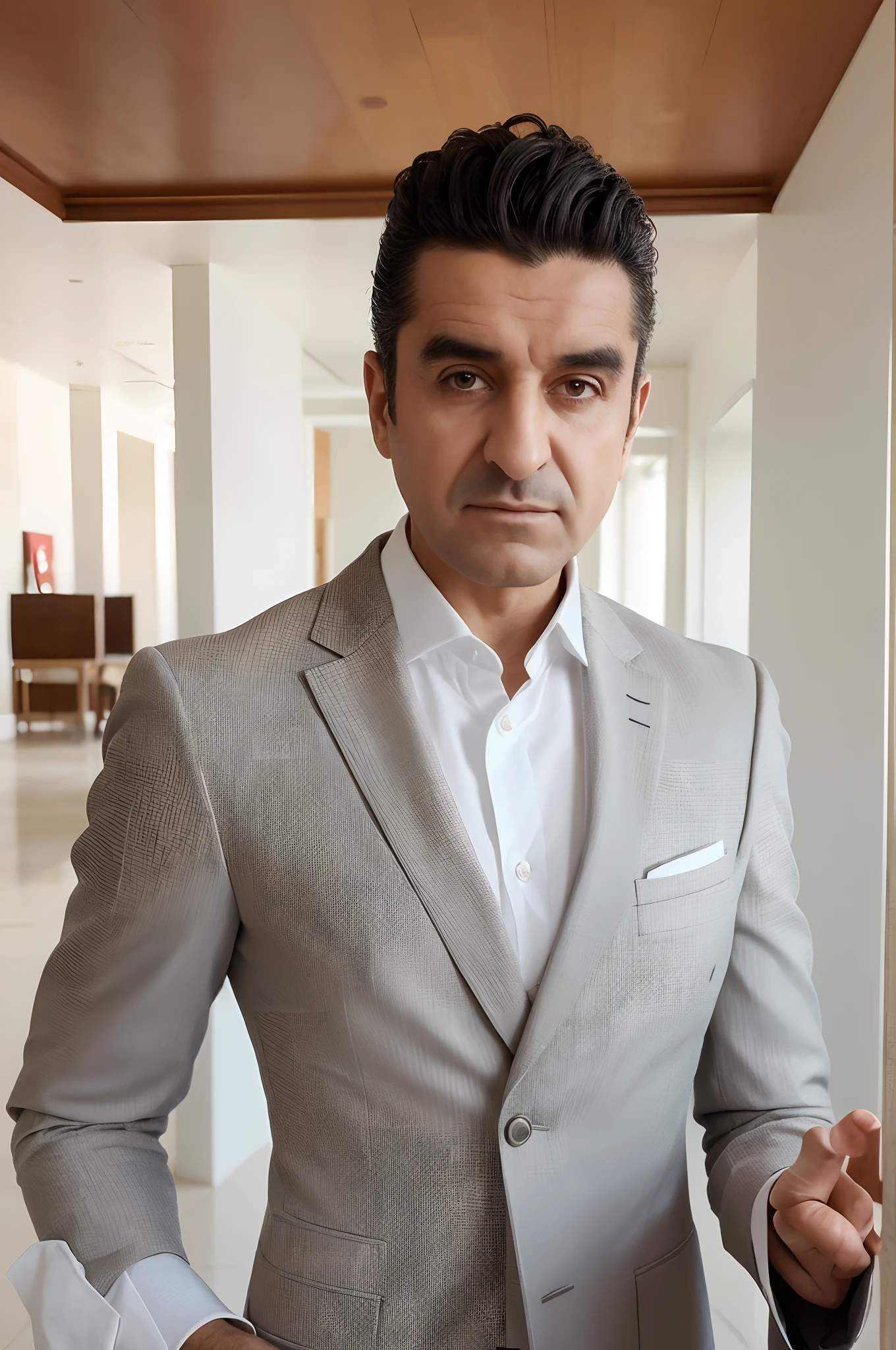 Un hombre de traje, profesional, elegante, confiado, Cara detallada, sharp features, cabello perfectamente cuidado, Traje a medida, Crisp white shirt, Zapatos lustrados, city backdrop, ejecutivo, Edificio de gran altura, Calles bulliciosas, Paso seguro, Corbata elegantee, Fashionable pocket square, Comportamiento profesional, natural lighting, sofisticado, moderno, high resolusion, realista, vivid colors, Chiaroscuro lighting