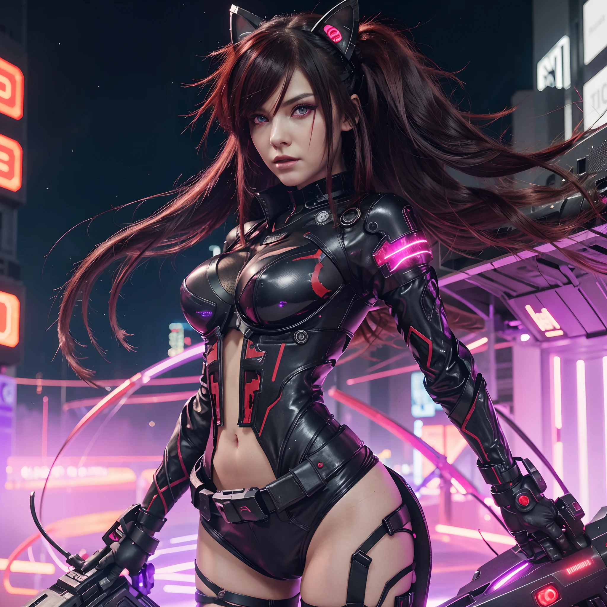 Futuristic girl, black&red hair, cat ears, red eyes, bloodlust eyes, wearing futuristic suit, cyberpunk theme, Purple LED effect, Red LED effect, night, futuristic city background, cybernetic, amazing, best quality, masterpiece, realistic, 8k resolution