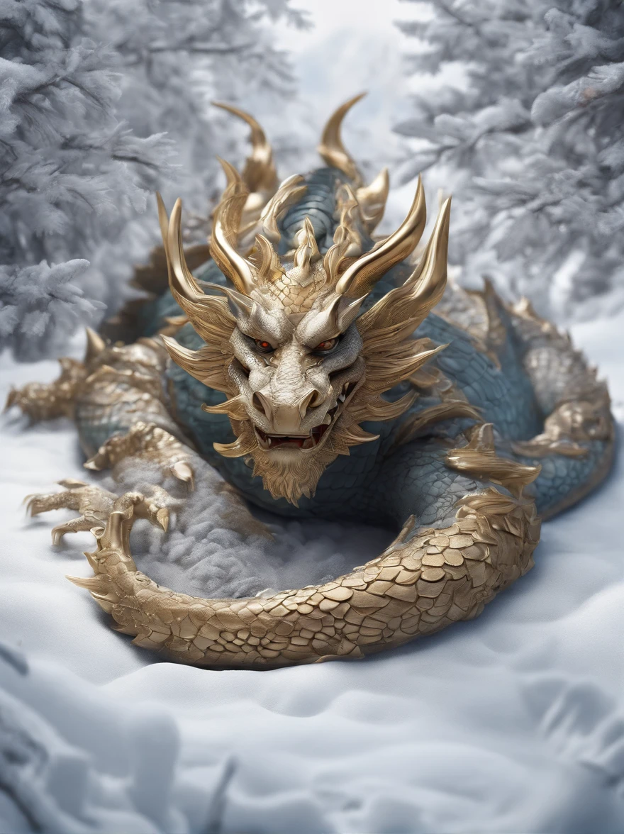 The dragon sleeps in the snow, curled up in a kolachik,lying on its belly