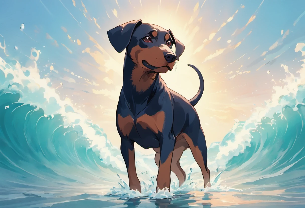 Adult Doberman Dog, standing on 4 legs in the water near the seashore. Splashing waves, Water reflections, rays of sunshine, beautiful clouds