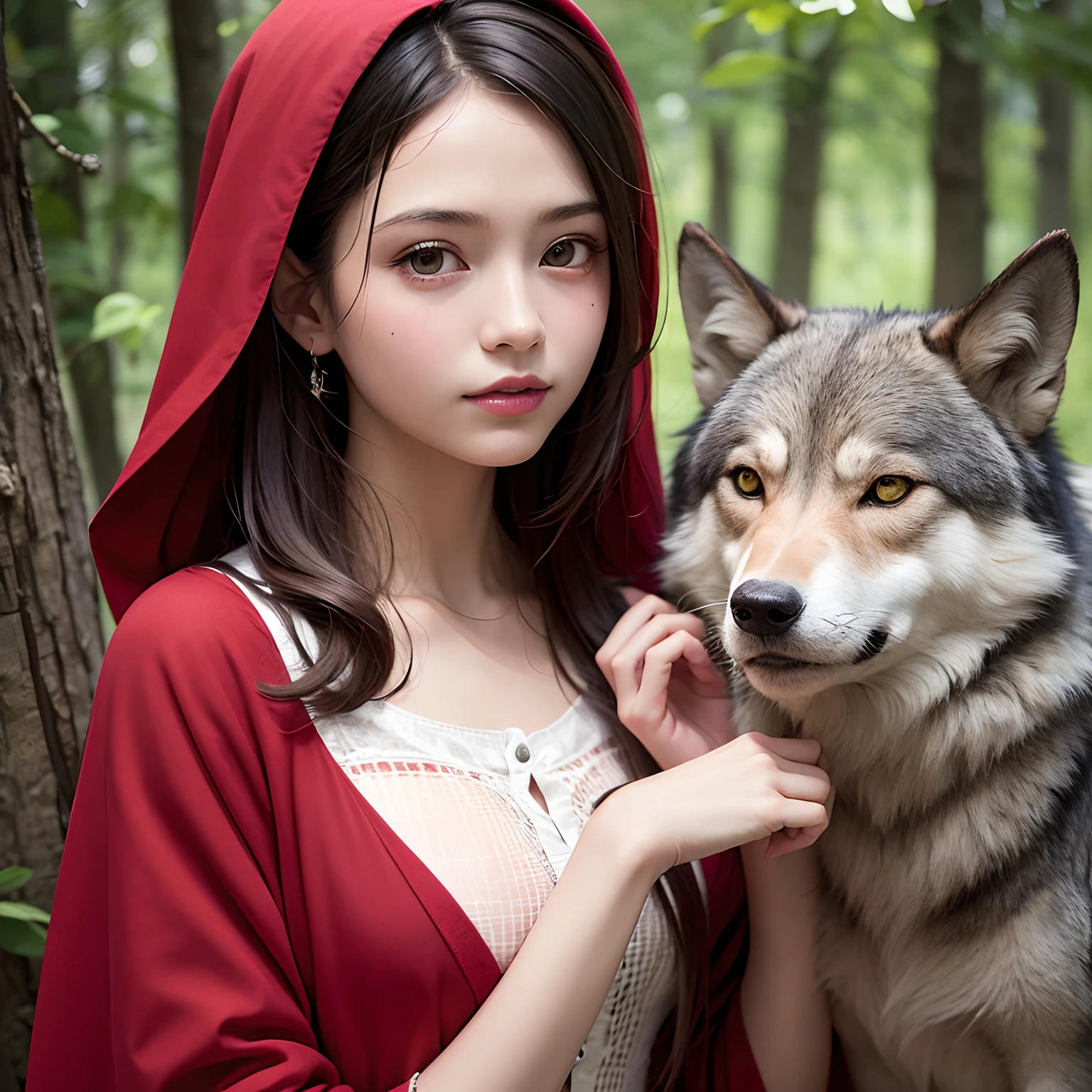 4K quality, Masterpiece) Girls 10 years old. 
 She's Little Red Riding Hood. In the foreground of the left is an ultra-high-resolution wolf. The face and hair are also ultra-high-resolution.