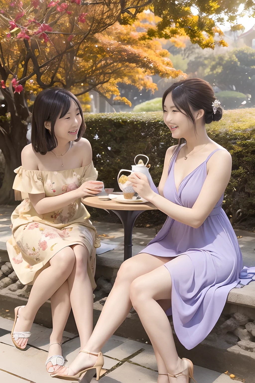 ((masterpiece, best quality, absurdress)), Two women enjoying tea under a golden osmanthus tree in a garden on a clear autumn day. The trees around them adorned with vibrant autumn colors, bathed in bright sunlight and gentle breeze. The two friends engage in lively conversation, sharing laughter and warmth on this tranquil afternoon.
