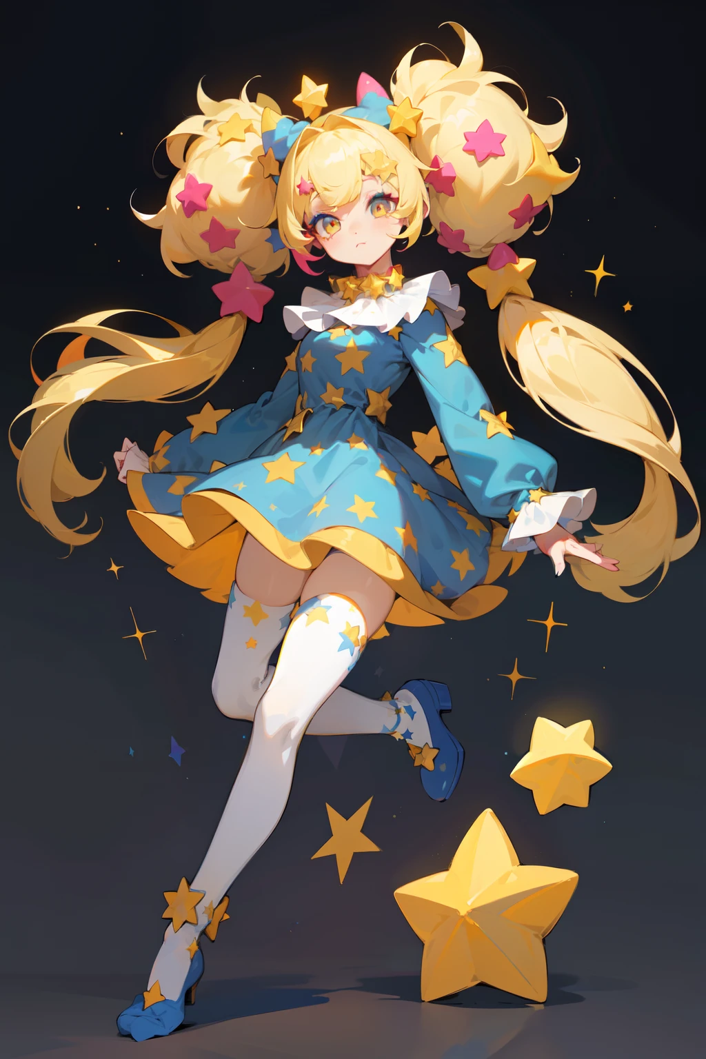 1GIRL, FULLBODY, CLOWN OUTFIT, CIRCUS ATTIRE, STARS, MULTICOLOR, FLUFFY HAIR, MAKEUP Character design sheet of a astronomical clown girl, finely detailed, (best quality), (intricate details), multicolored, ((long blonde hair)), ((hair in pigtails)), best quality, ((short puffy long sleeve clown dress)), ((blue dress with yellow stars)), ((white ruff clown collar)), ((thigh high socks)), ((socks are white with yellow stars)), ((round eyes)), wears a big blue bow on head, beautiful face, cute face, full body, pinup, perfect face, twinkle background