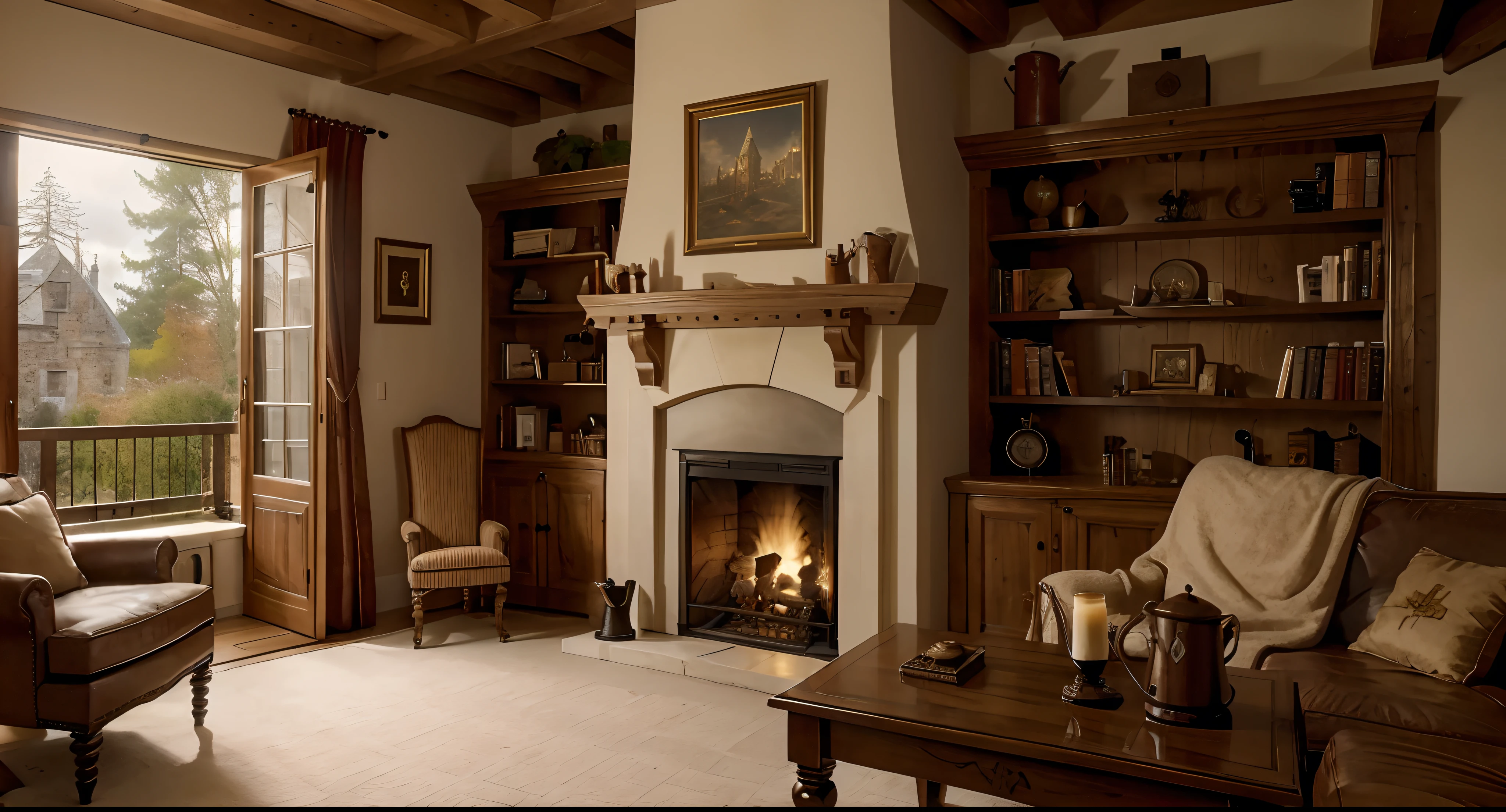 a cozy castle room, with a cozy bookshelf, coffee can and coffee cup over the table, with a side fireplace, just one fireplace, theres a door opened to the castle garden