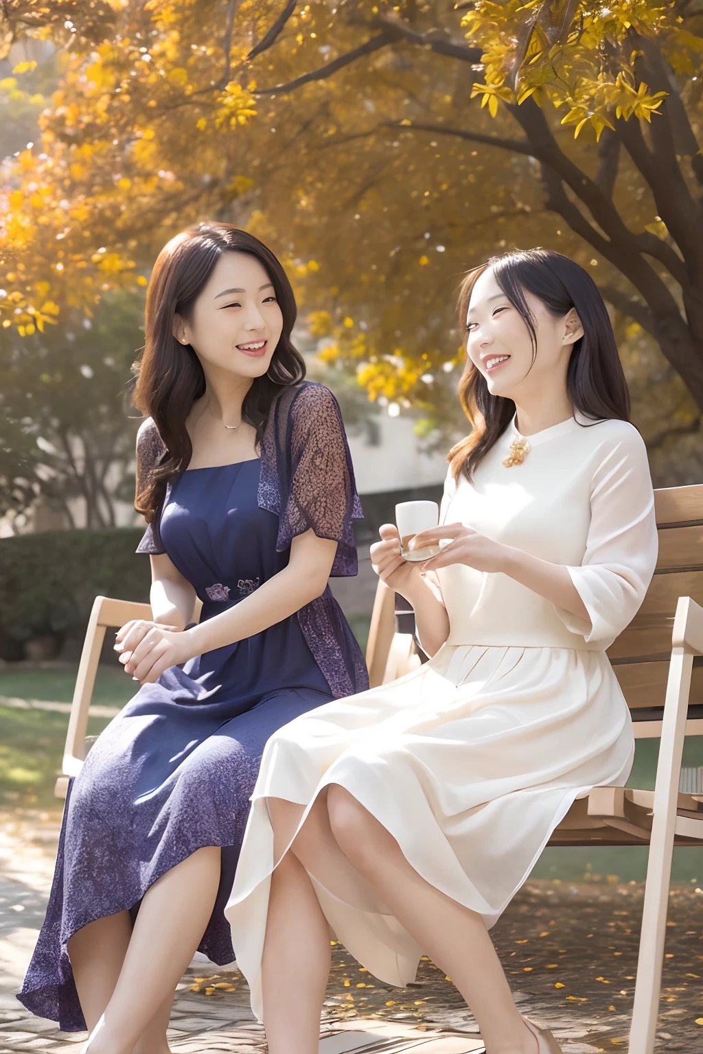 ((masterpiece, best quality, absurdress)), Two women enjoying tea under a golden osmanthus tree in a garden on a clear autumn day. The trees around them adorned with vibrant autumn colors, bathed in bright sunlight and gentle breeze. The two friends engage in lively conversation, sharing laughter and warmth on this tranquil afternoon.