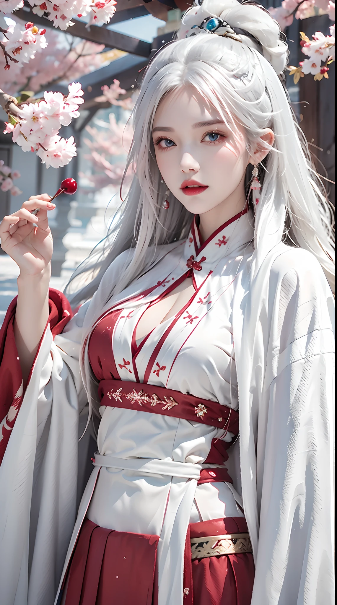 photorealistic, high resolution, 1women, shining skin, solo, hips up, tattoo, jewelry, pink lips, long white hair, blue eyes, closed mouth, red winter hanfu, cloak, snow, cherry blossoms