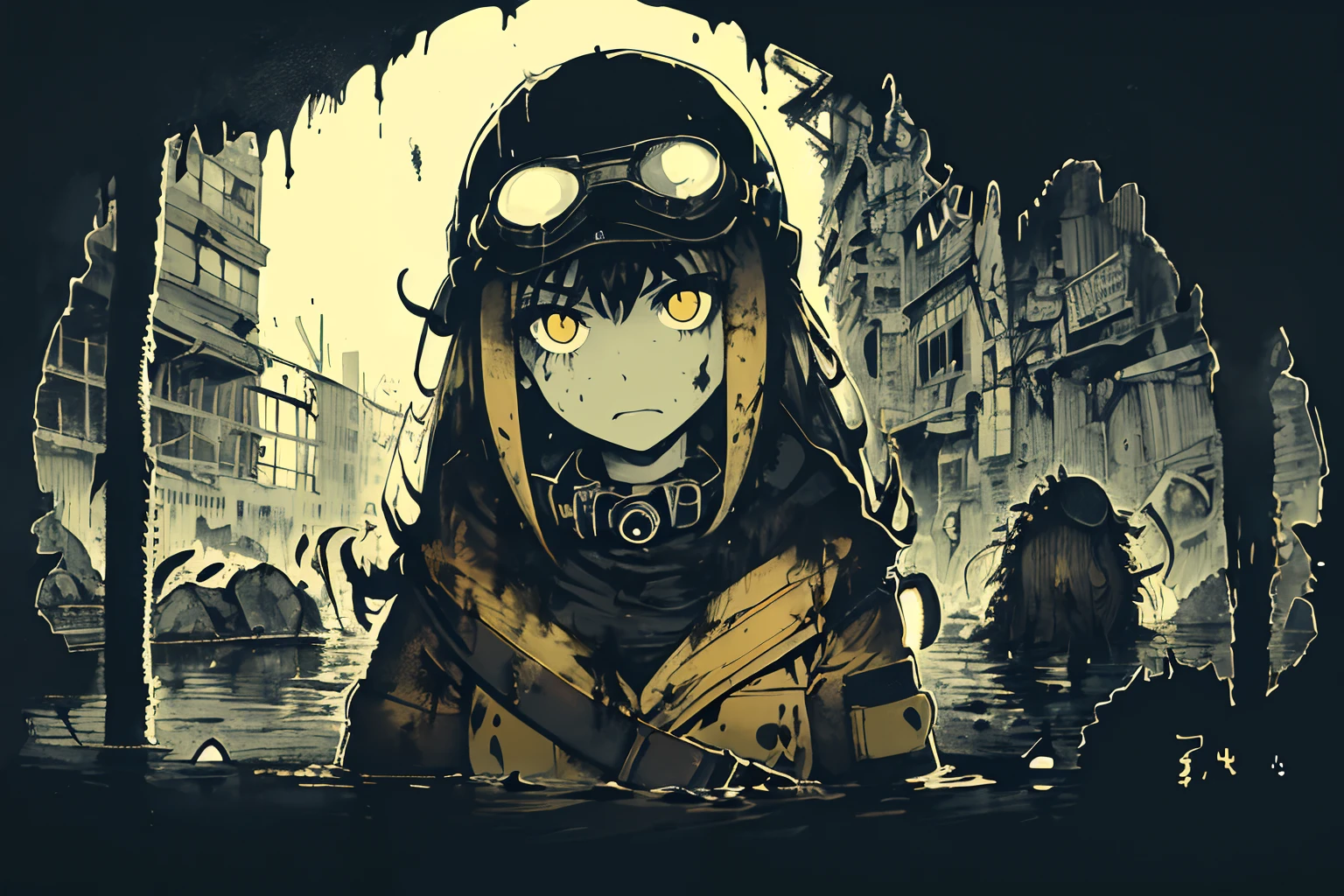 masterpiece, best quality, 1girl, (closeup),(yelow coat, goggles), (serious, dirty face, dirty clothes), in a flooded subway, (facing a monster worm: in a flashlight beam, 1.1), ruins, very dark, watercolor, sketch