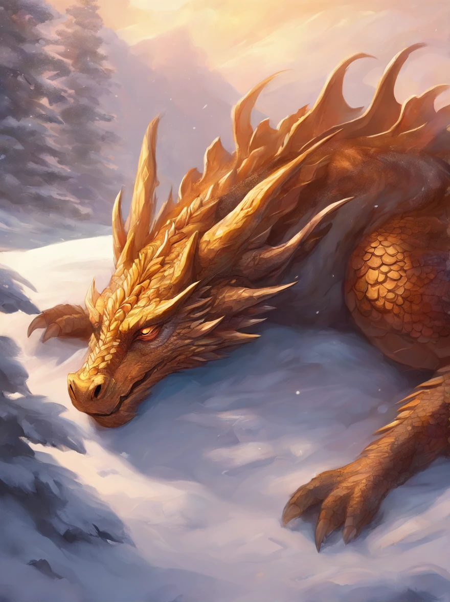 The dragon sleeps in the snow, curled up in a kolachik,lying on its belly, The head lies on the snow