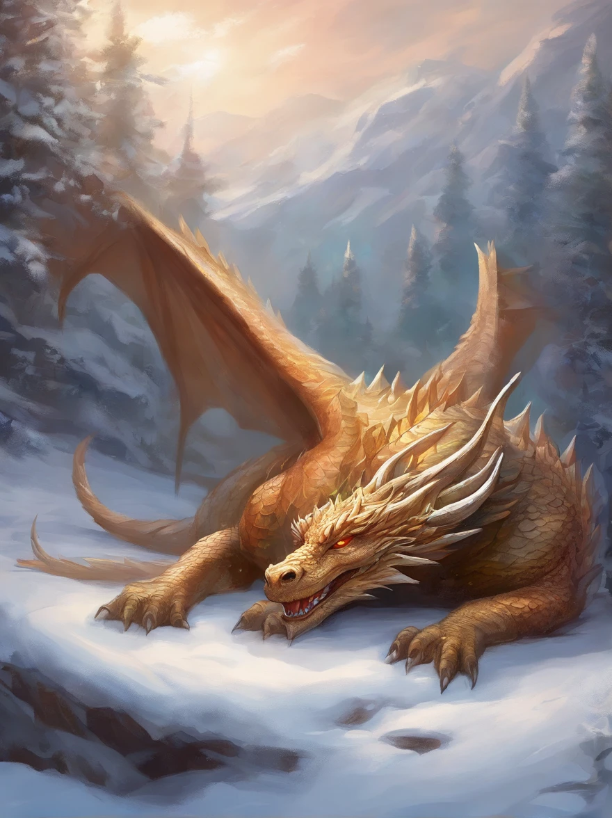 The dragon sleeps in the snow, curled up in a kolachik,lying on its belly, The head lies on the snow