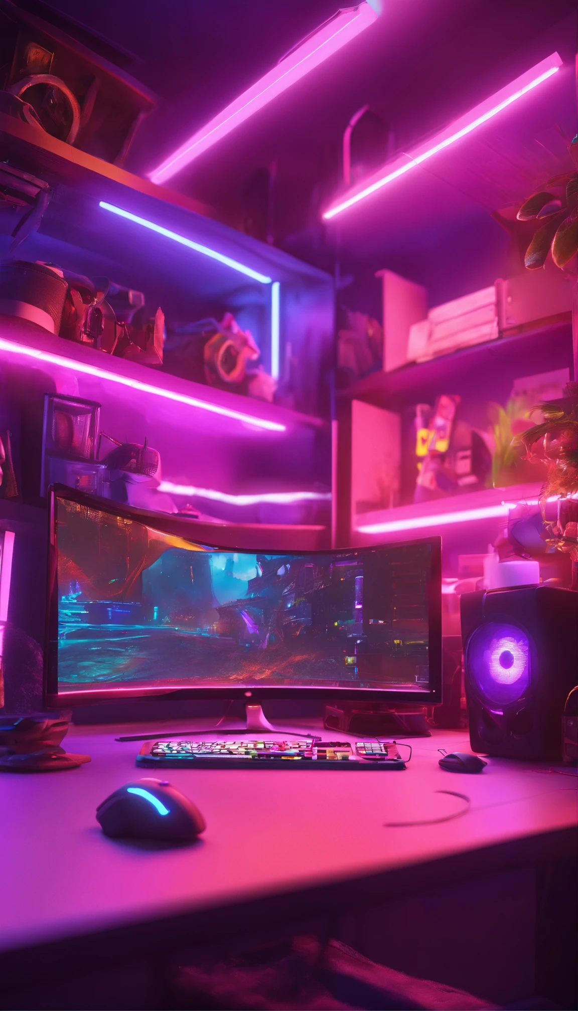 Gaming setup for streamers with neon lights in the best resolution without humans