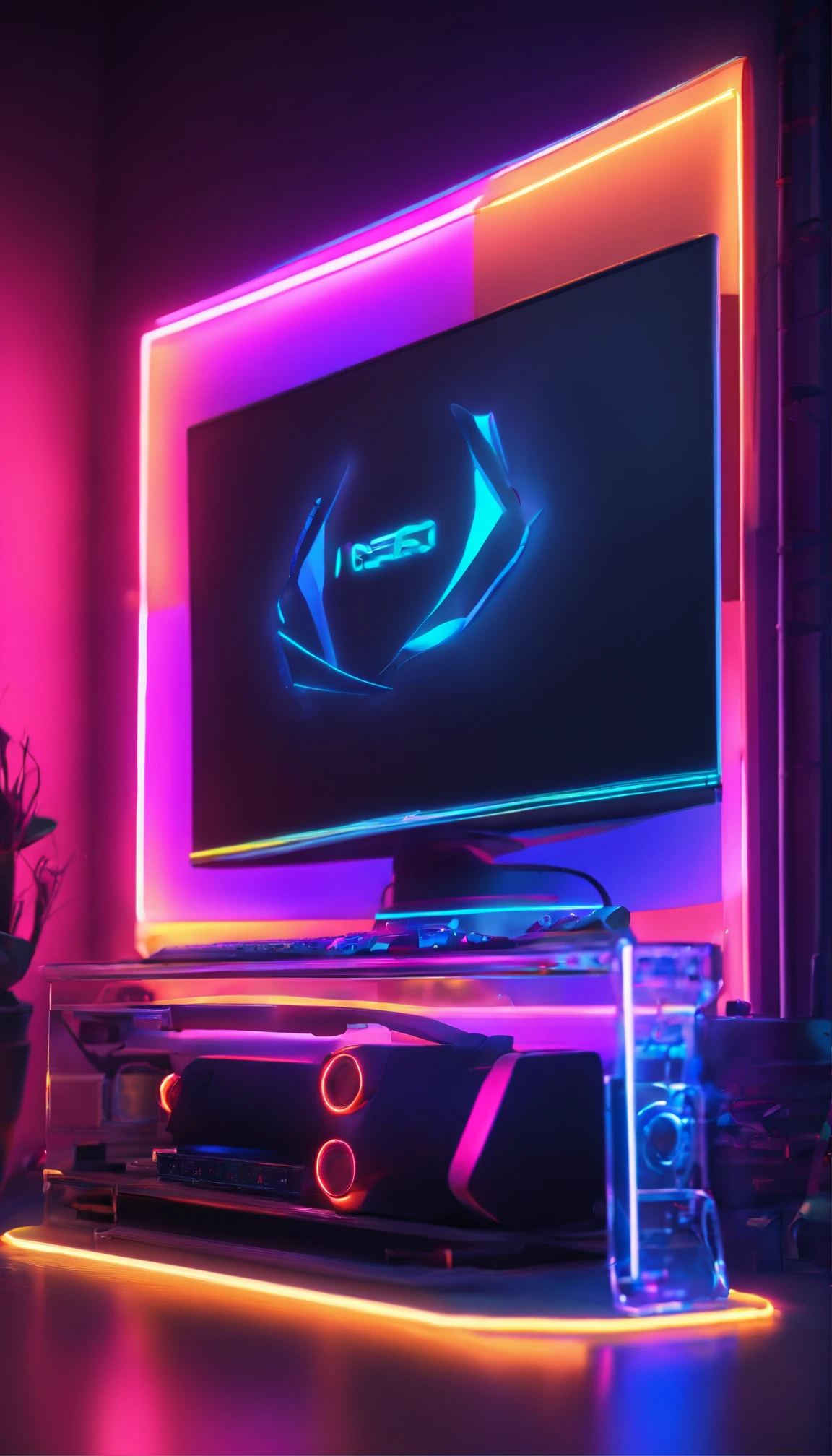 Gaming setup for streamers with neon lights in the best resolution without humans
