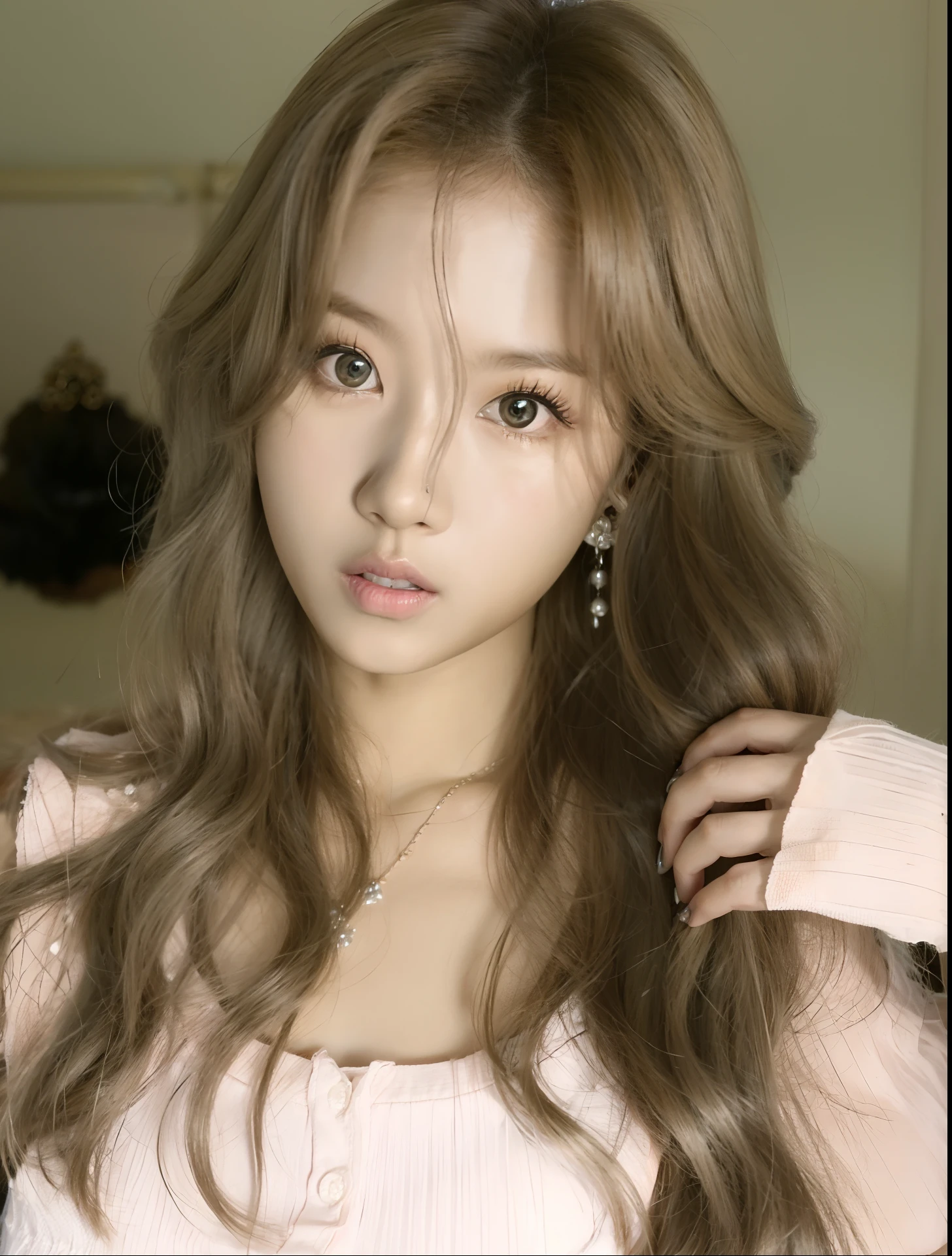 um close up de uma mulher com cabelos longos vestindo uma camisa rosa, Ulzzang, Lalisa Manobal, maquiagem sul-coreana popular, maquiagem coreana popular, longos cabelos loiros e olhos grandes, kawaii retrato realista, ****** coreana, young adorable korean face, korean face features, cabelos loiros e olhos grandes, pale round face, bonito rosto de anime natural