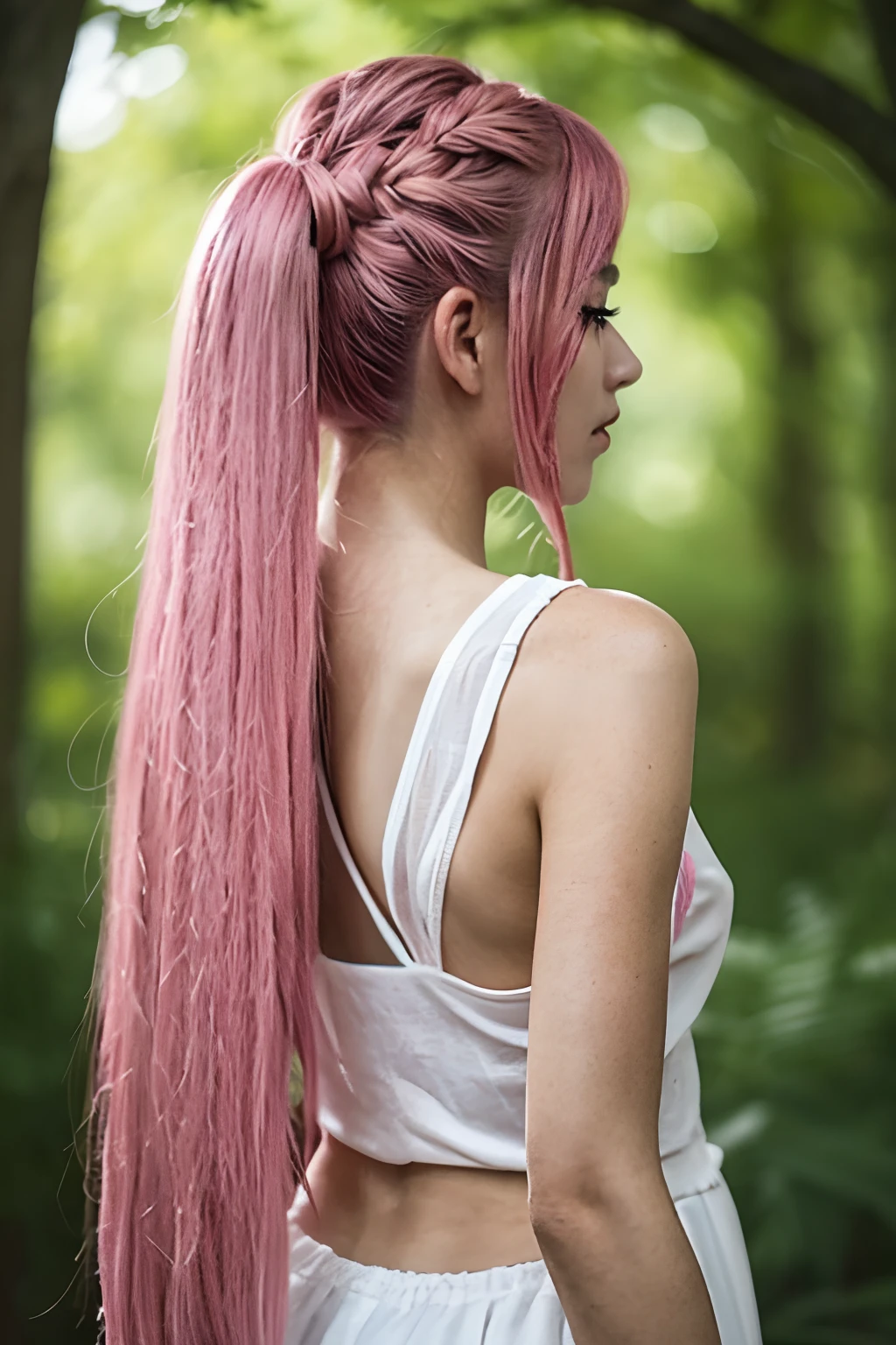 Asian pink-haired girl with her back turned, his head is turned so that his face cannot be seen, nice, long hair, 4k, hiperealistyc, realistic skin ,symetrical , nice backgound with no blure ,nature backgound, dressed